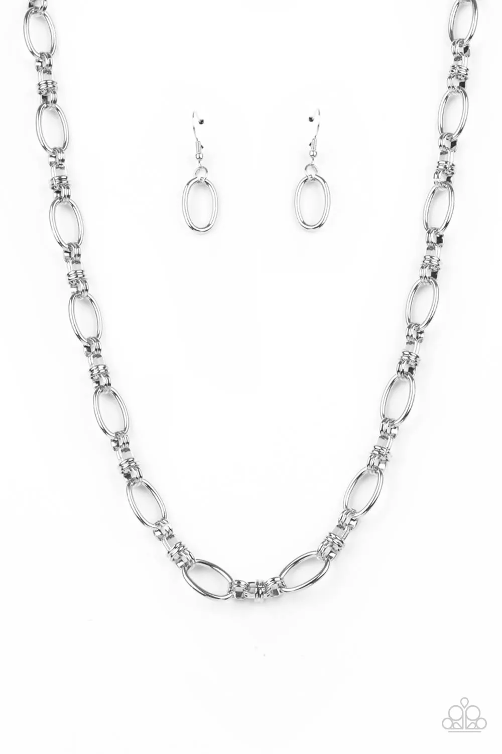 Paparazzi " Defined Drama " Silver Metal Classic Large Fancy Chain Link Necklace Set