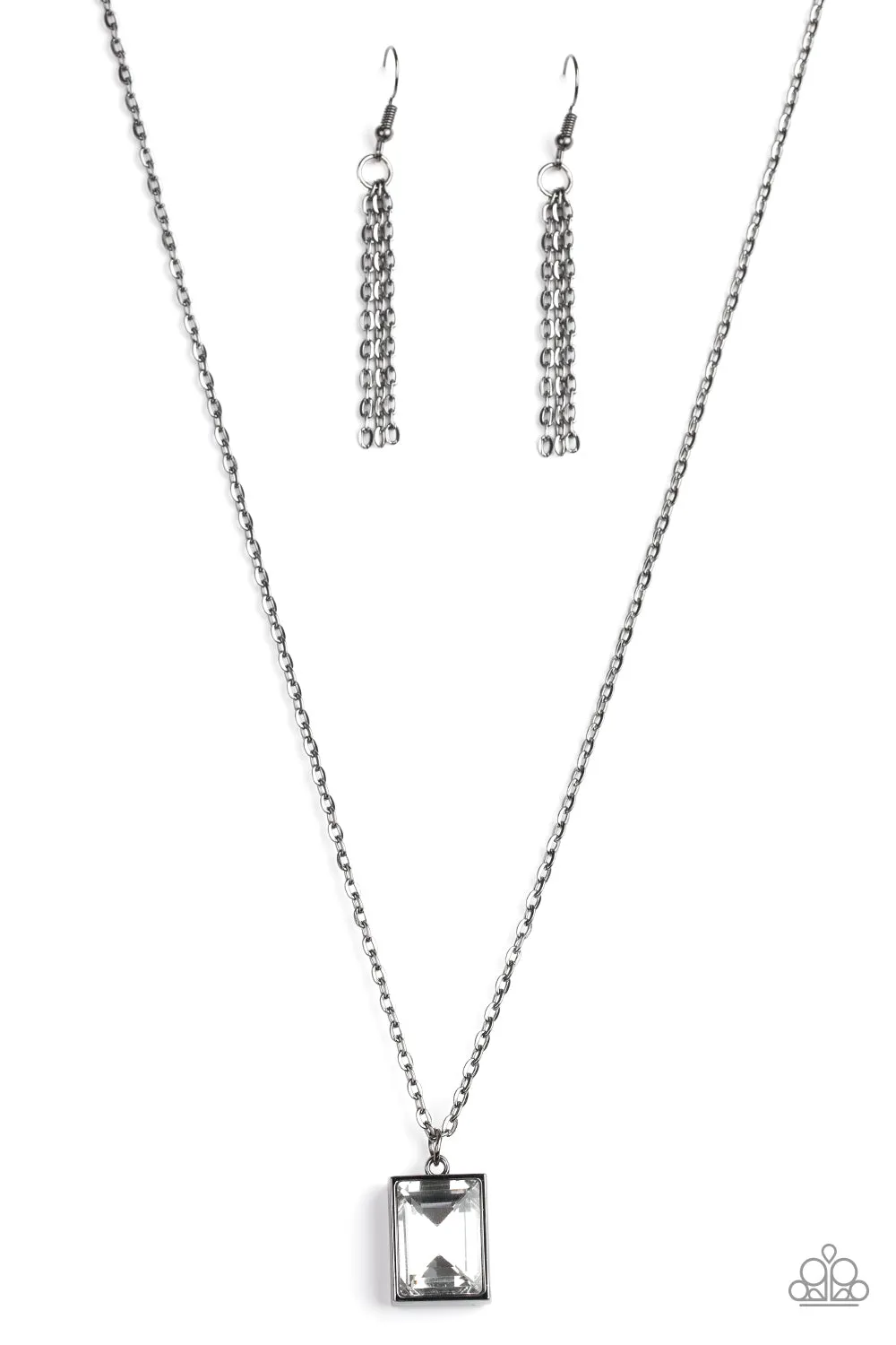 Paparazzi " Pro Edge " Black Metal Emerald Cut White/Clear Rhinestone Necklace Set