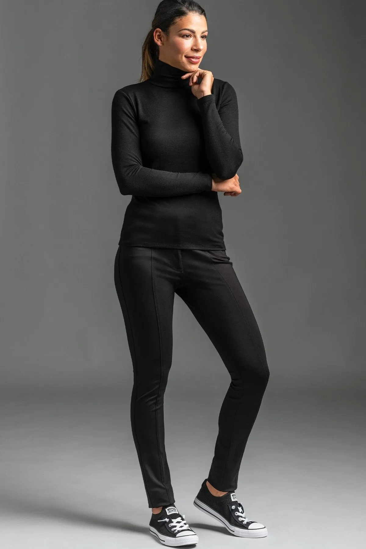 PAULA RYAN Slim Fit Polo Neck Top - Merino - Navy