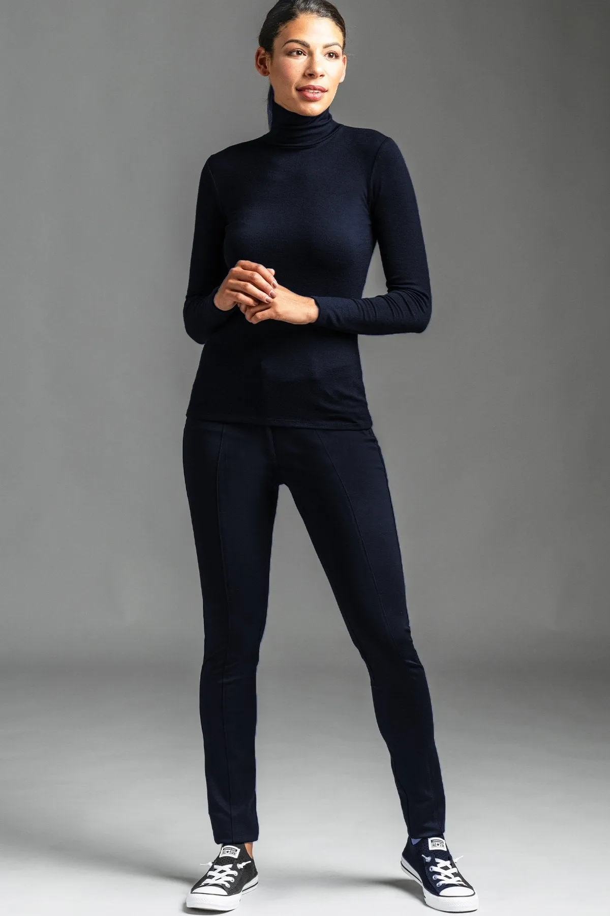 PAULA RYAN Slim Fit Polo Neck Top - Merino - Navy