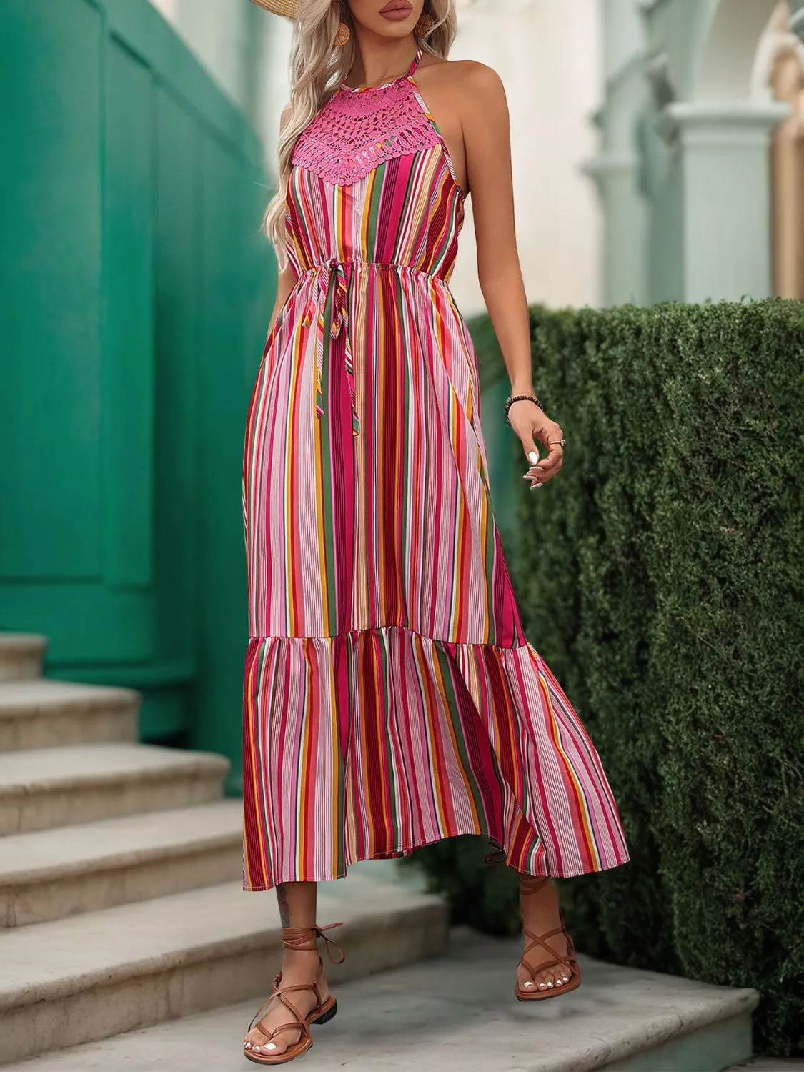 Penelope Lace Detail Striped Halter Neck Midi Dress