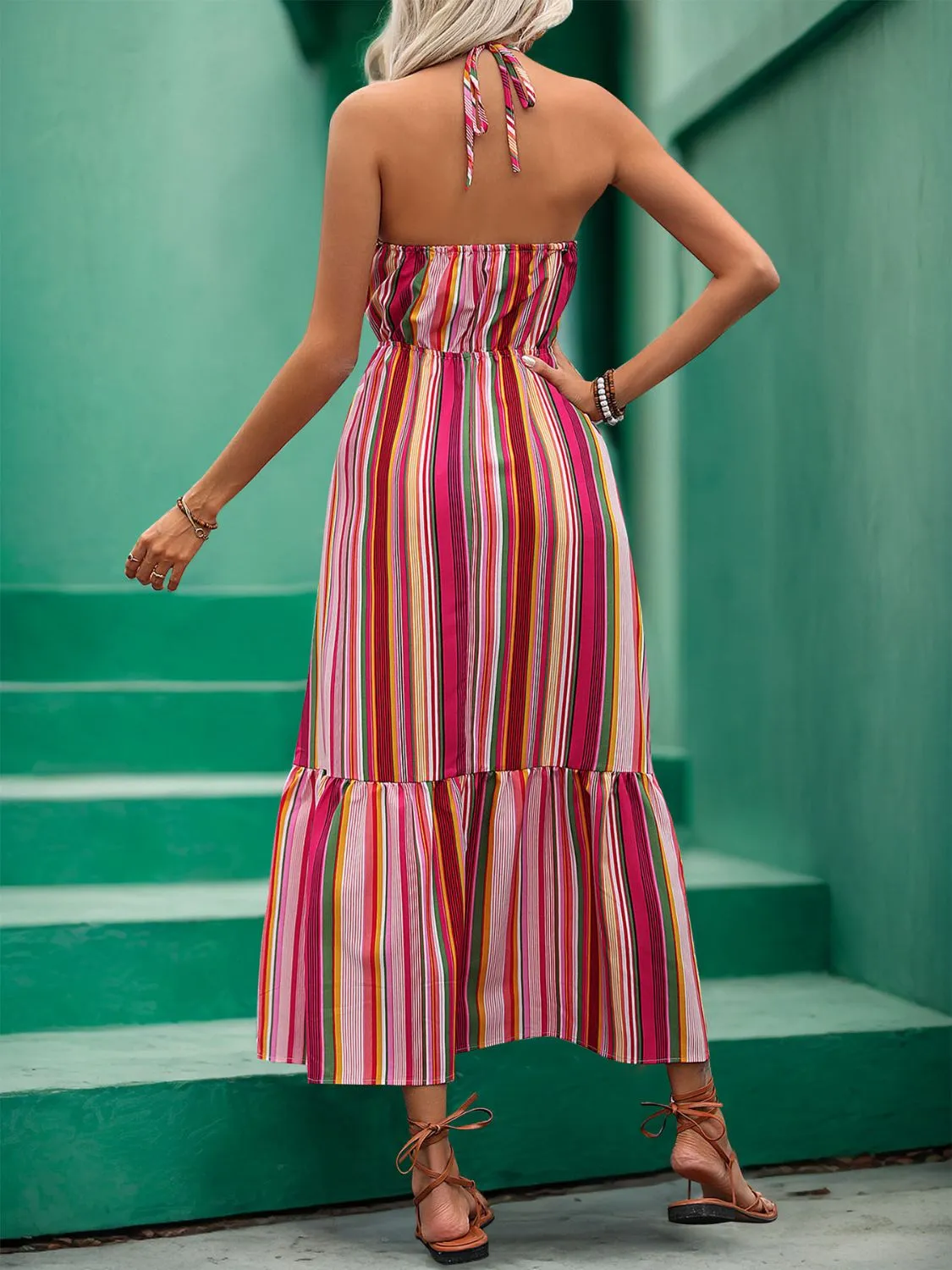 Penelope Lace Detail Striped Halter Neck Midi Dress