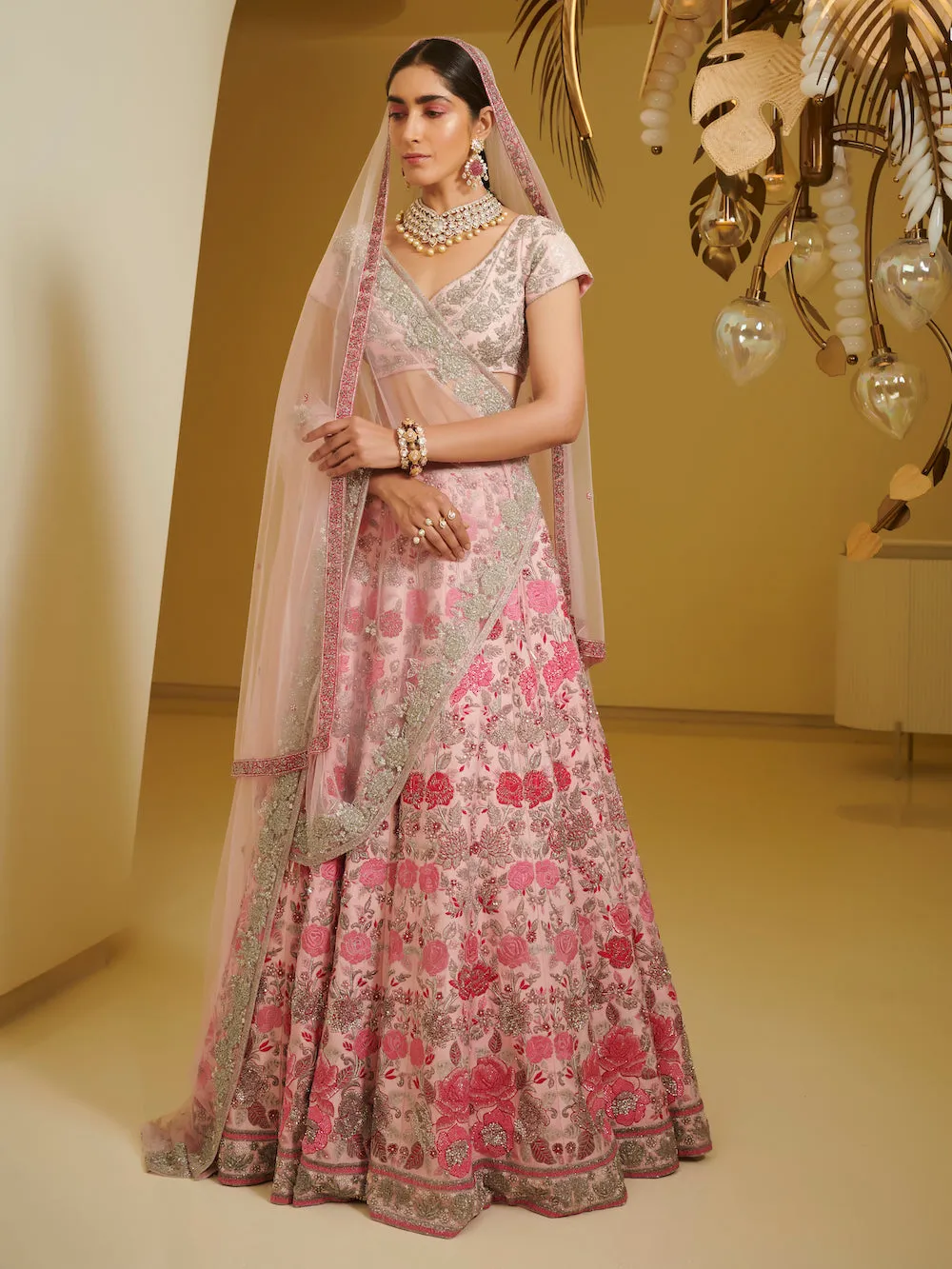 Pink Embellished Kali Lehenga Set