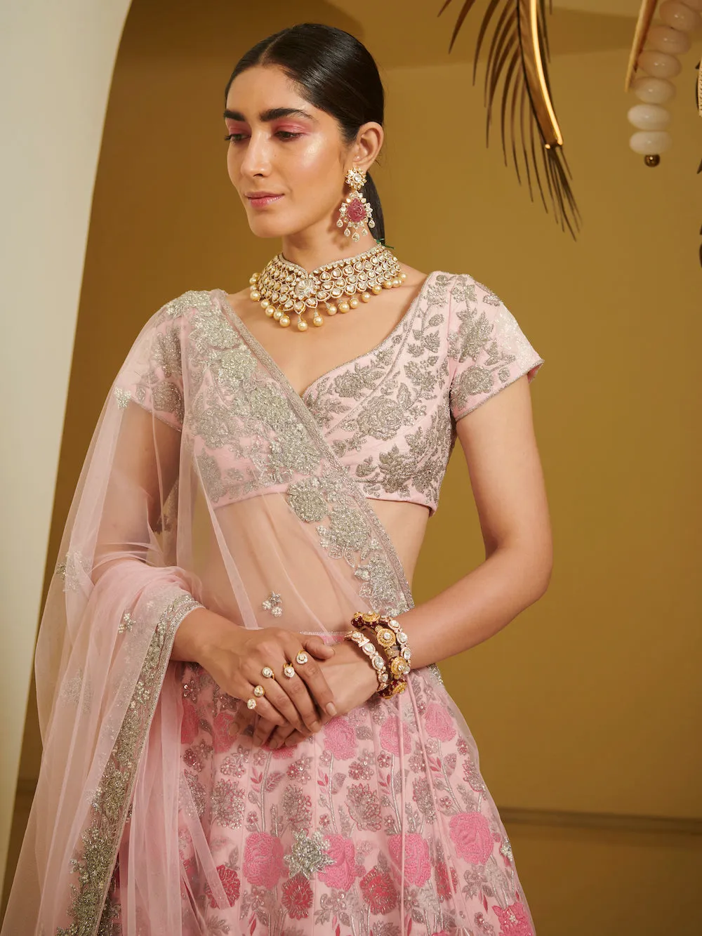 Pink Embellished Kali Lehenga Set