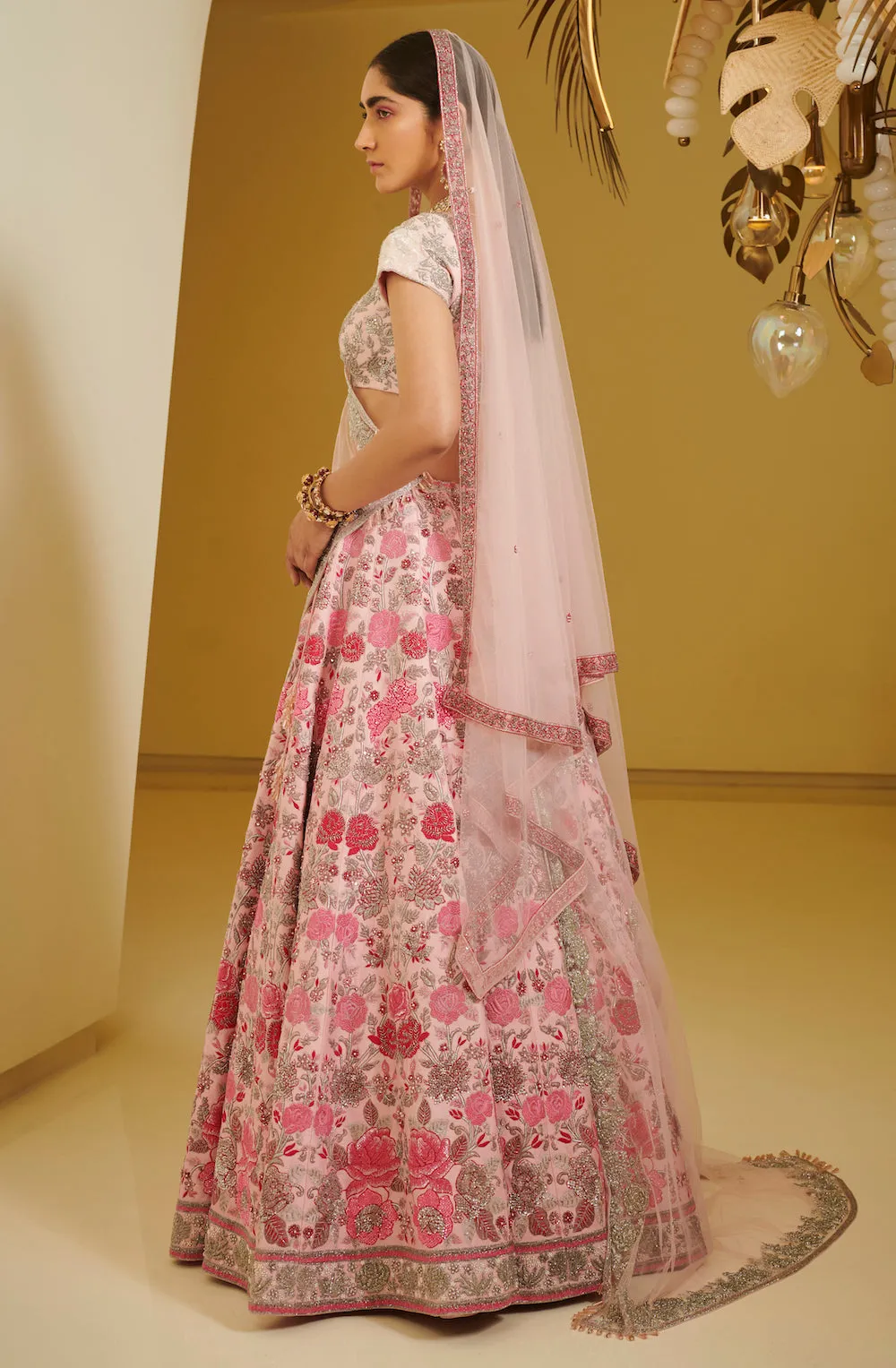 Pink Embellished Kali Lehenga Set