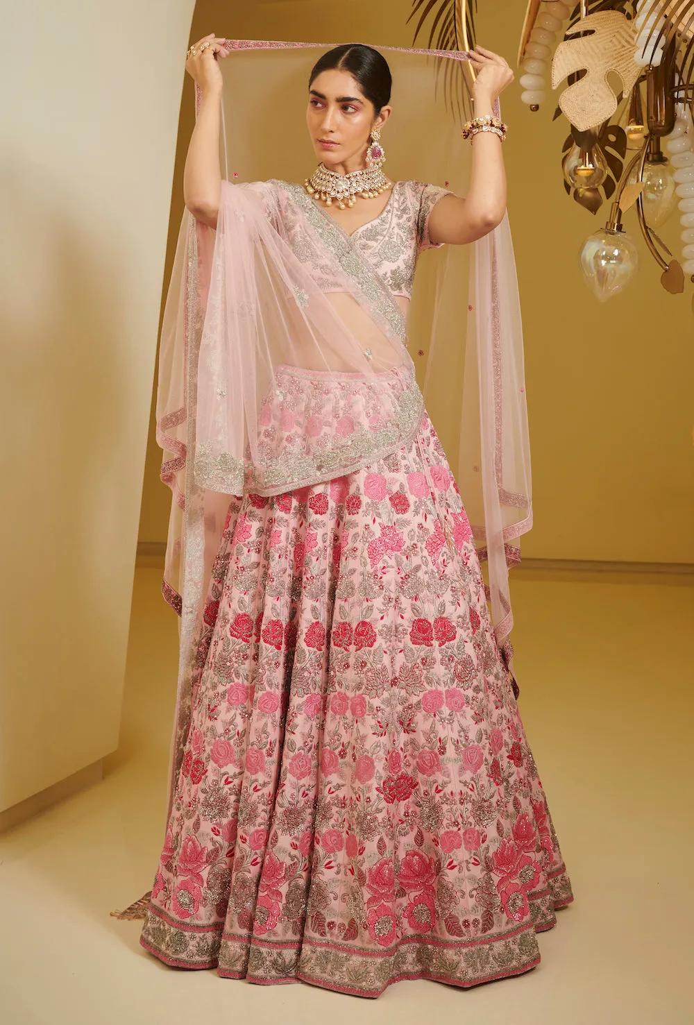 Pink Embellished Kali Lehenga Set