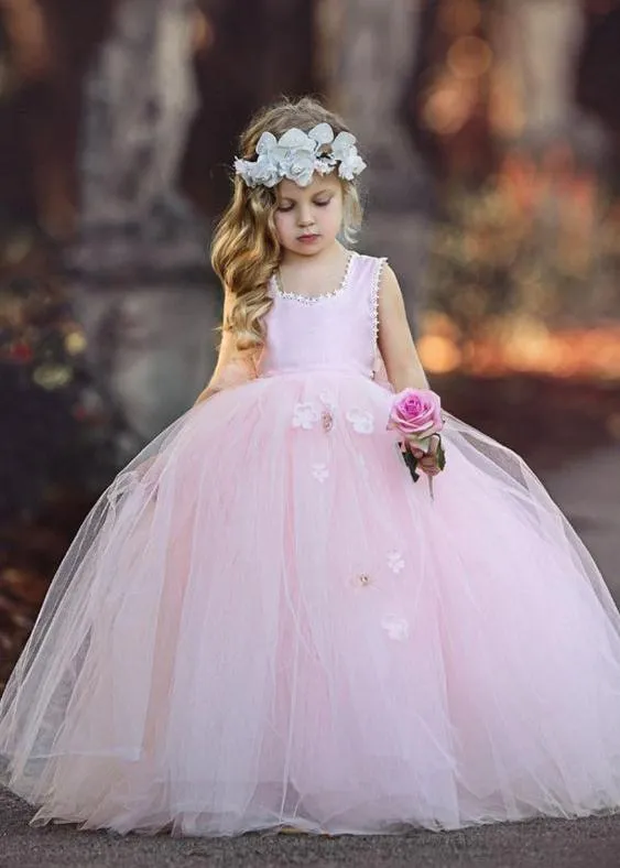 Pink Halter Long Cheap Tulle Flower Girl Dresses With Handmade Flower, TYP1116