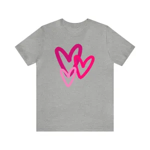 Pink Hearts Happy Valentine's Day T-Shirt | Sweetheart Tee |  Bella Canvas 3001 Unisex |  Three Love Hearts Short Sleeve Tshirt