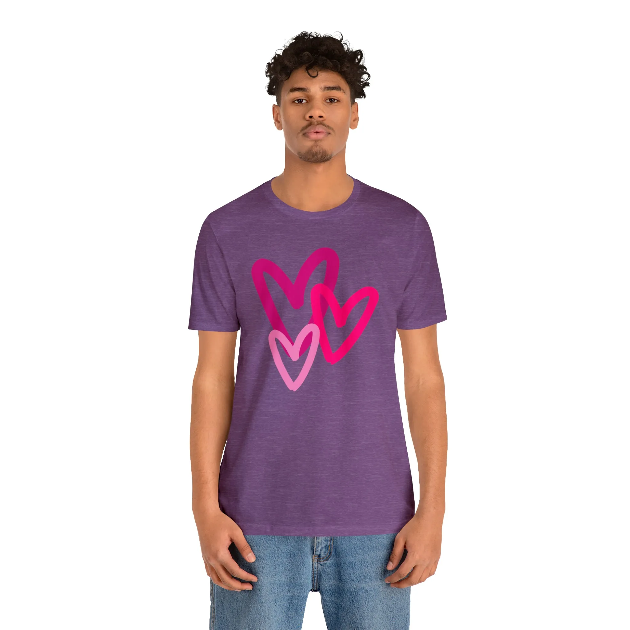 Pink Hearts Happy Valentine's Day T-Shirt | Sweetheart Tee |  Bella Canvas 3001 Unisex |  Three Love Hearts Short Sleeve Tshirt