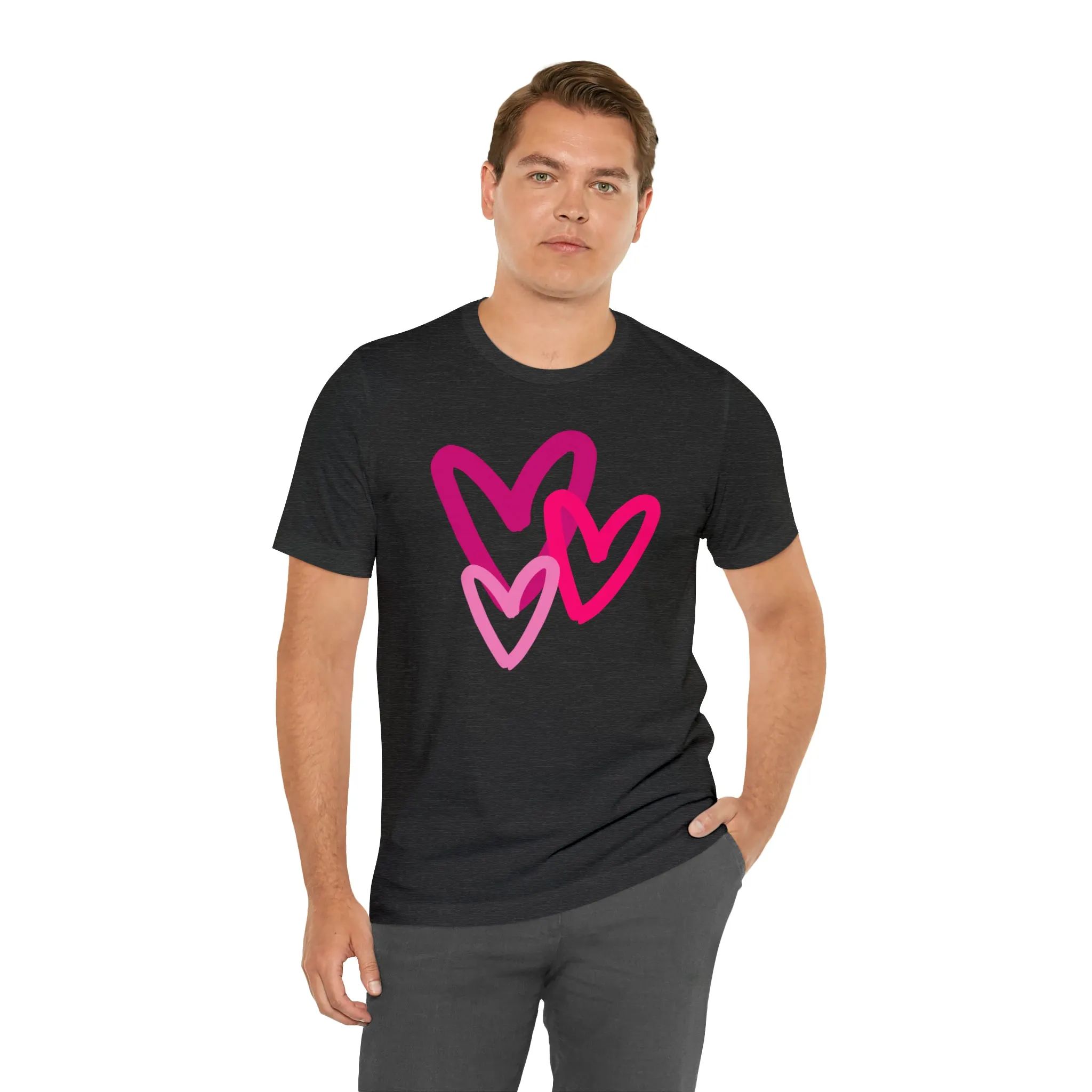 Pink Hearts Happy Valentine's Day T-Shirt | Sweetheart Tee |  Bella Canvas 3001 Unisex |  Three Love Hearts Short Sleeve Tshirt