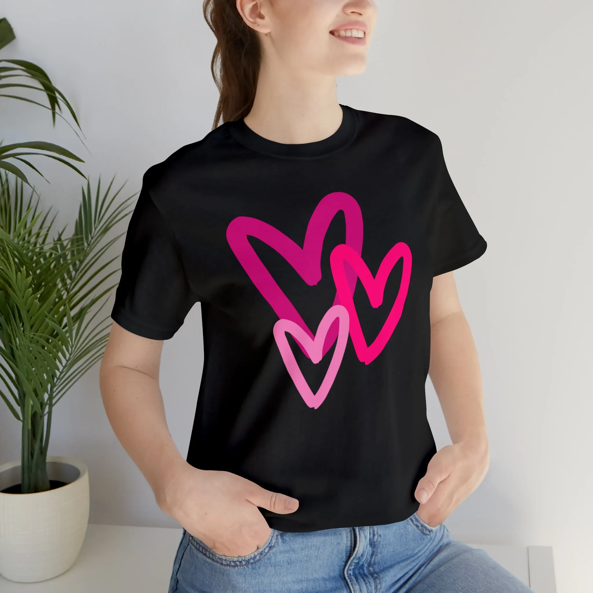 Pink Hearts Happy Valentine's Day T-Shirt | Sweetheart Tee |  Bella Canvas 3001 Unisex |  Three Love Hearts Short Sleeve Tshirt