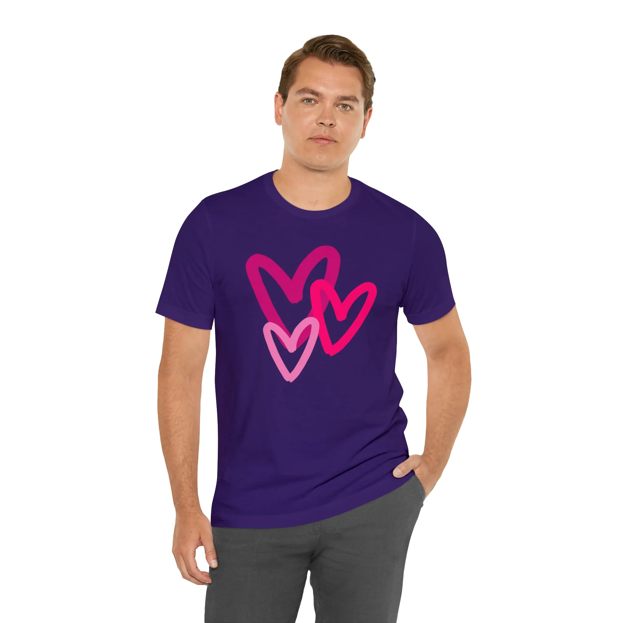 Pink Hearts Happy Valentine's Day T-Shirt | Sweetheart Tee |  Bella Canvas 3001 Unisex |  Three Love Hearts Short Sleeve Tshirt