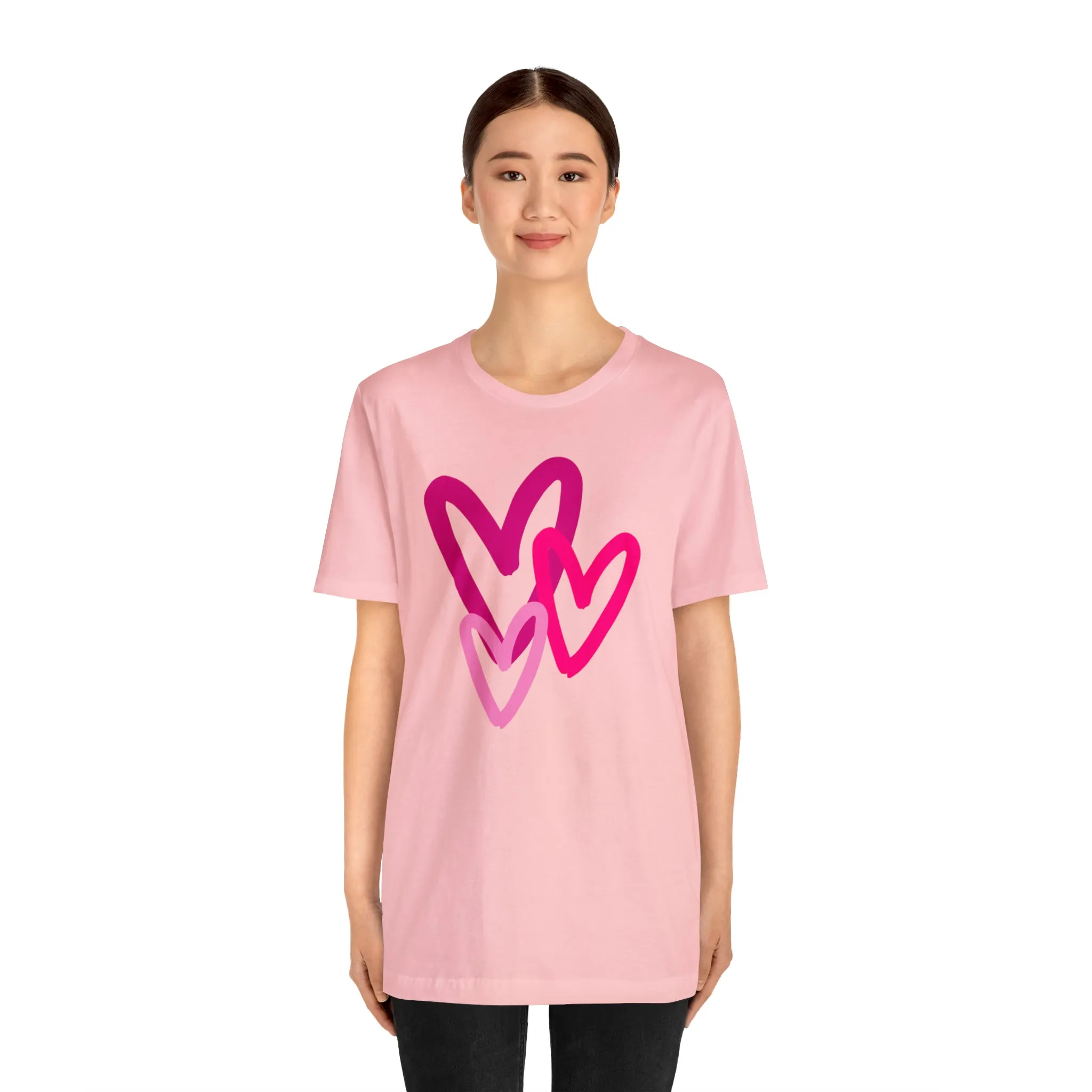 Pink Hearts Happy Valentine's Day T-Shirt | Sweetheart Tee |  Bella Canvas 3001 Unisex |  Three Love Hearts Short Sleeve Tshirt