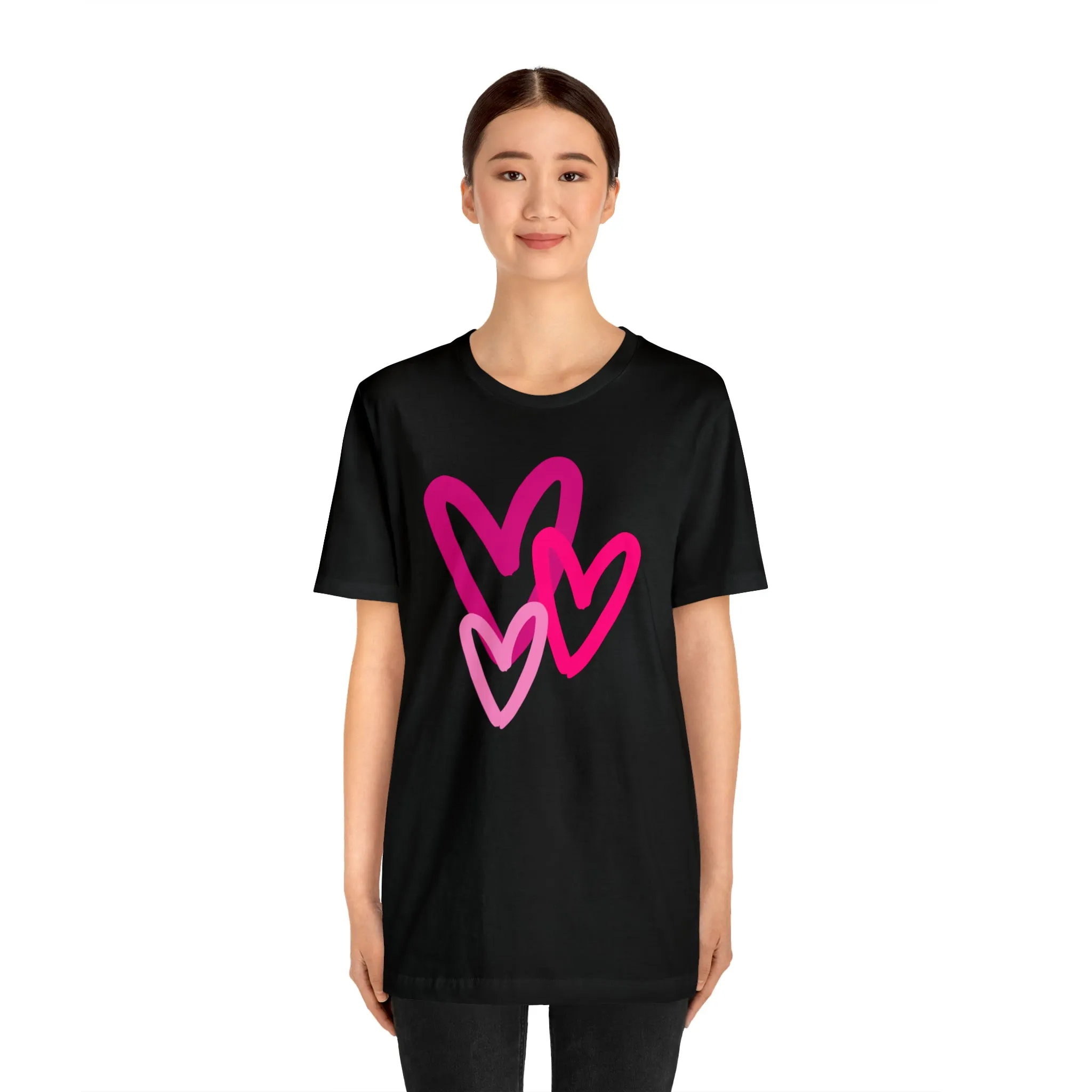 Pink Hearts Happy Valentine's Day T-Shirt | Sweetheart Tee |  Bella Canvas 3001 Unisex |  Three Love Hearts Short Sleeve Tshirt
