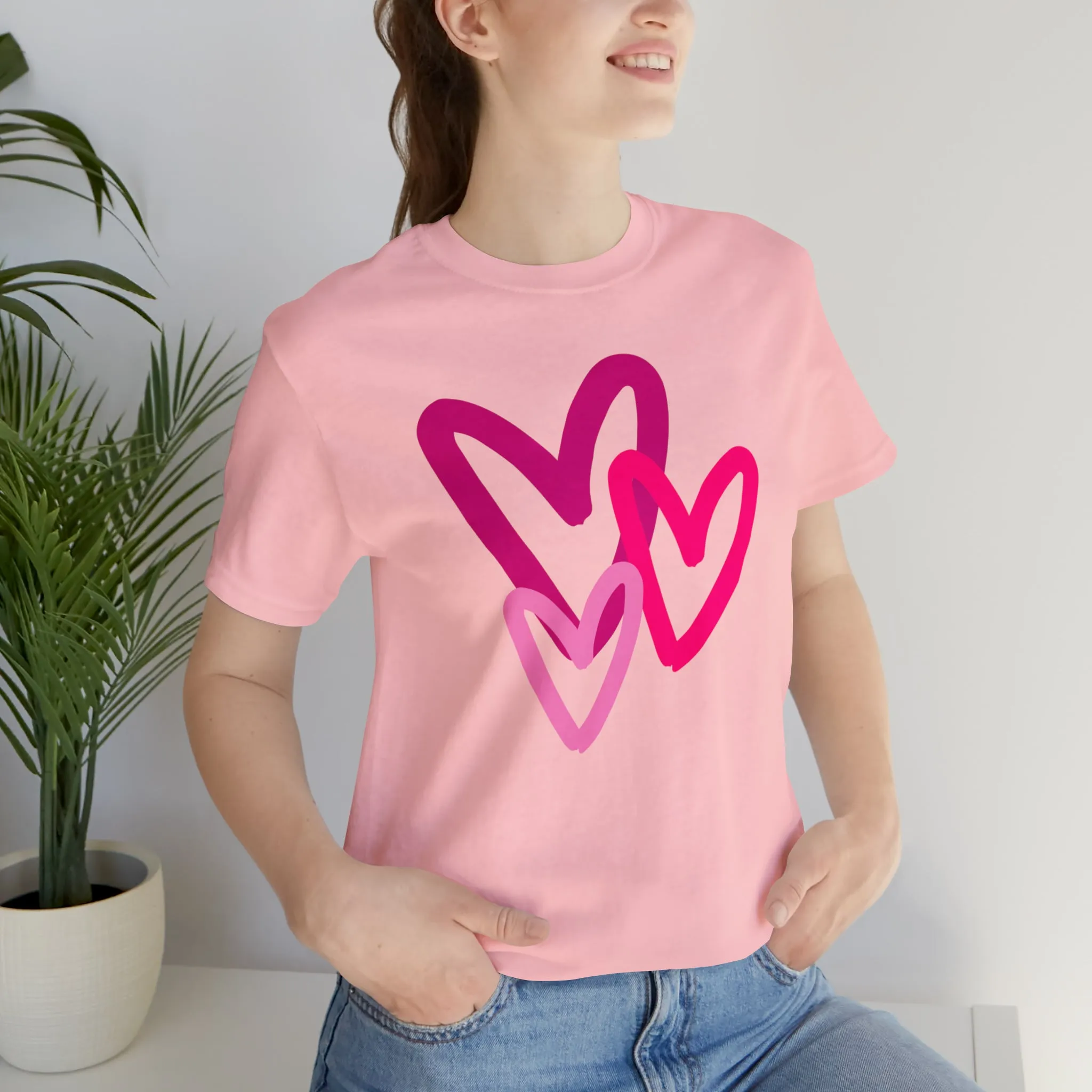 Pink Hearts Happy Valentine's Day T-Shirt | Sweetheart Tee |  Bella Canvas 3001 Unisex |  Three Love Hearts Short Sleeve Tshirt