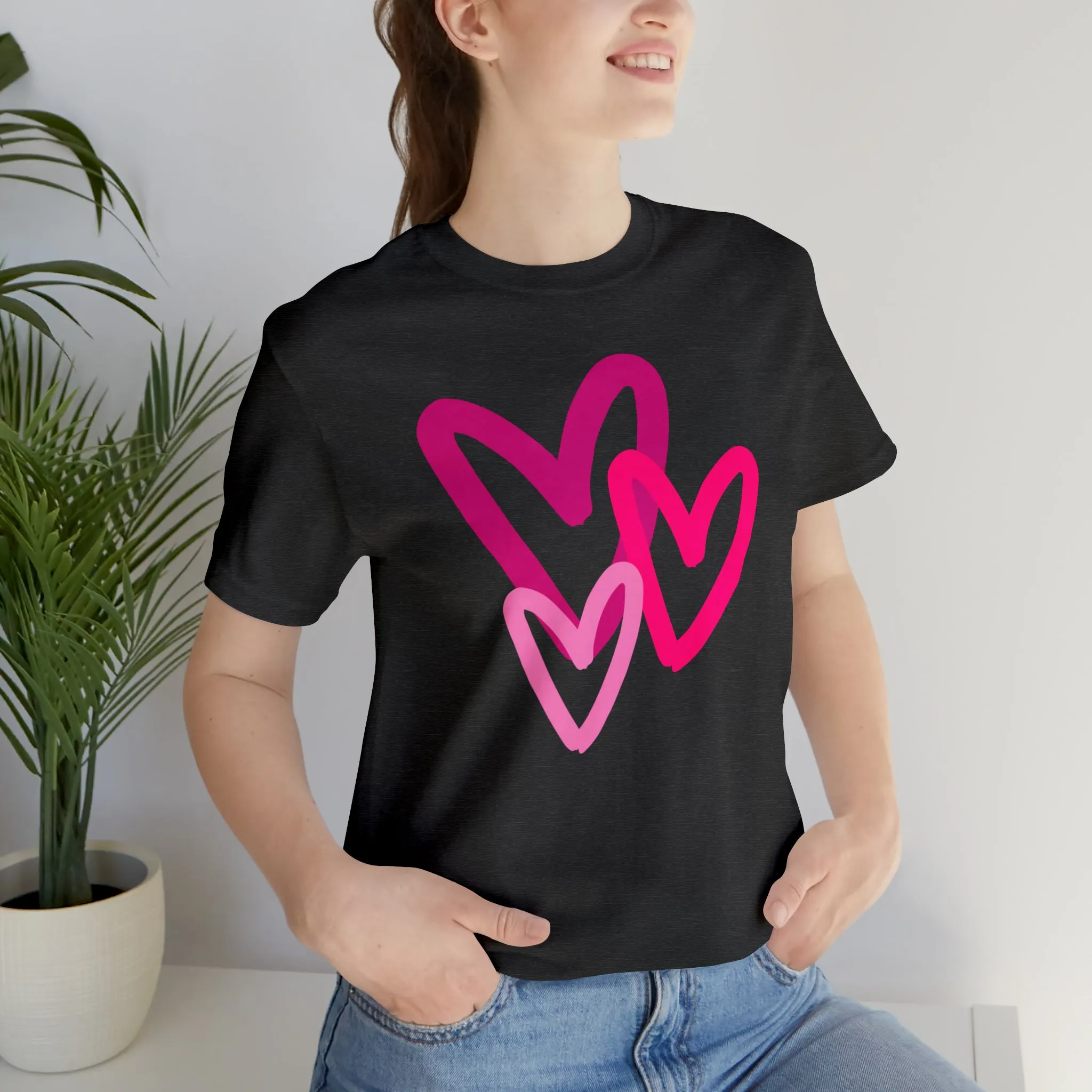 Pink Hearts Happy Valentine's Day T-Shirt | Sweetheart Tee |  Bella Canvas 3001 Unisex |  Three Love Hearts Short Sleeve Tshirt
