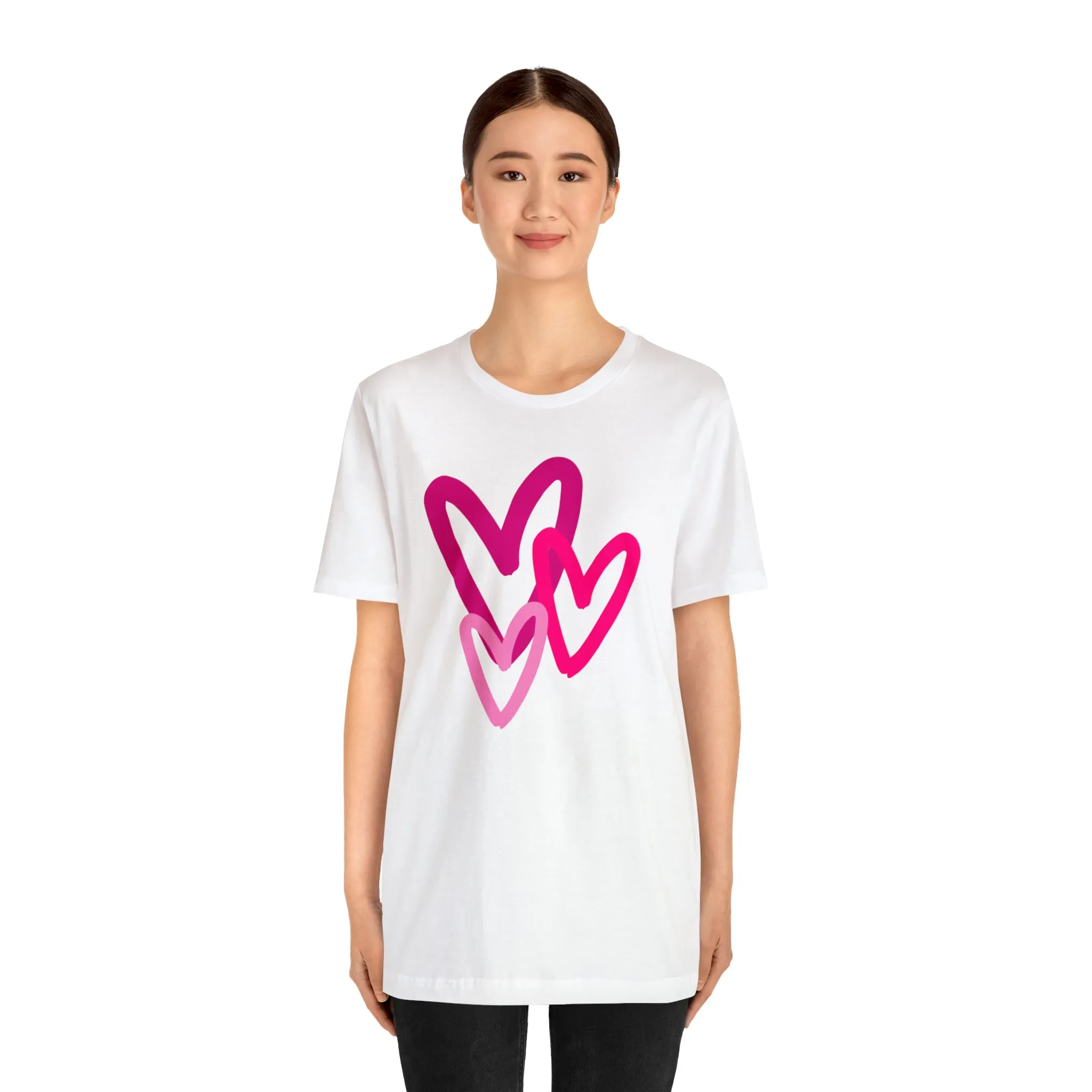Pink Hearts Happy Valentine's Day T-Shirt | Sweetheart Tee |  Bella Canvas 3001 Unisex |  Three Love Hearts Short Sleeve Tshirt