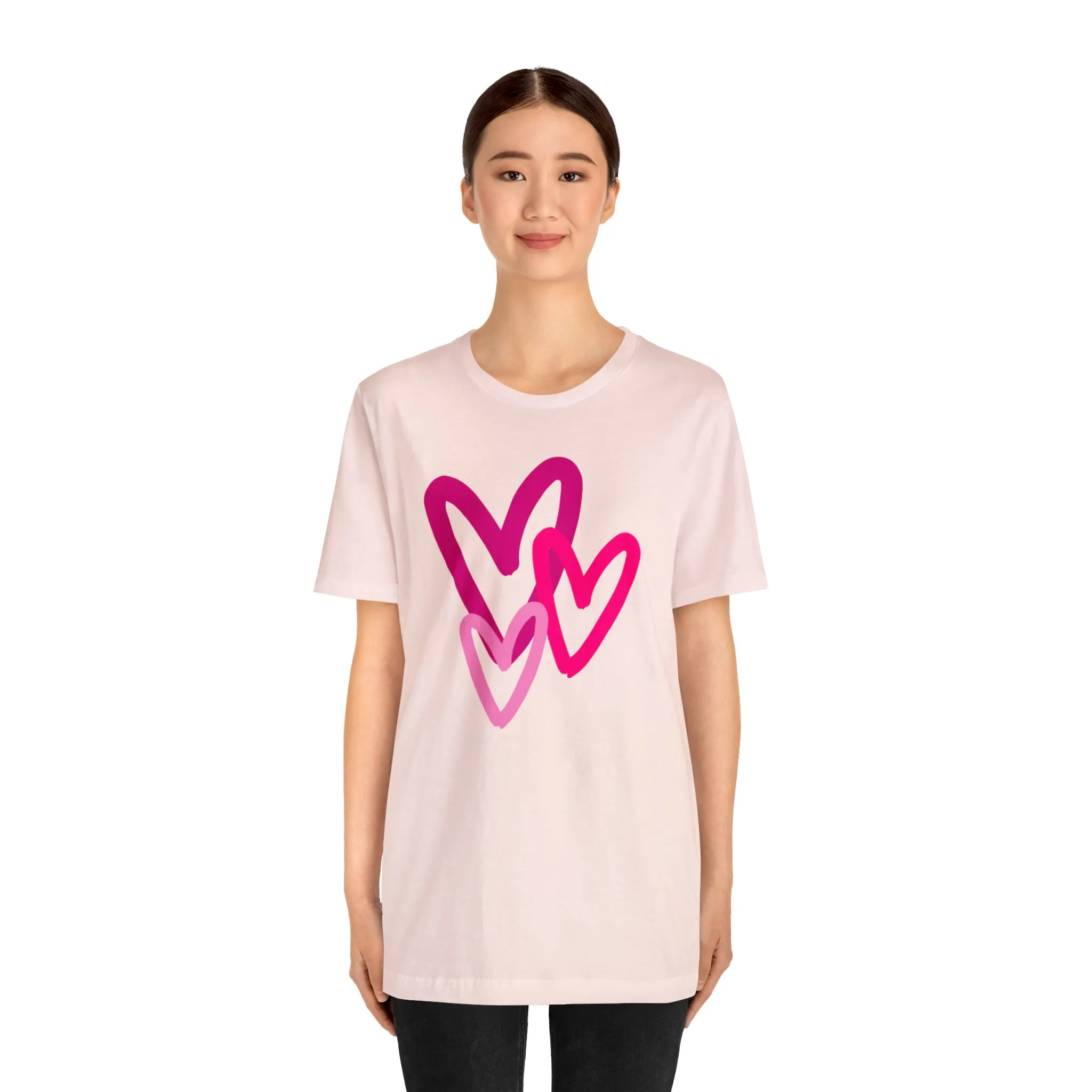 Pink Hearts Happy Valentine's Day T-Shirt | Sweetheart Tee |  Bella Canvas 3001 Unisex |  Three Love Hearts Short Sleeve Tshirt