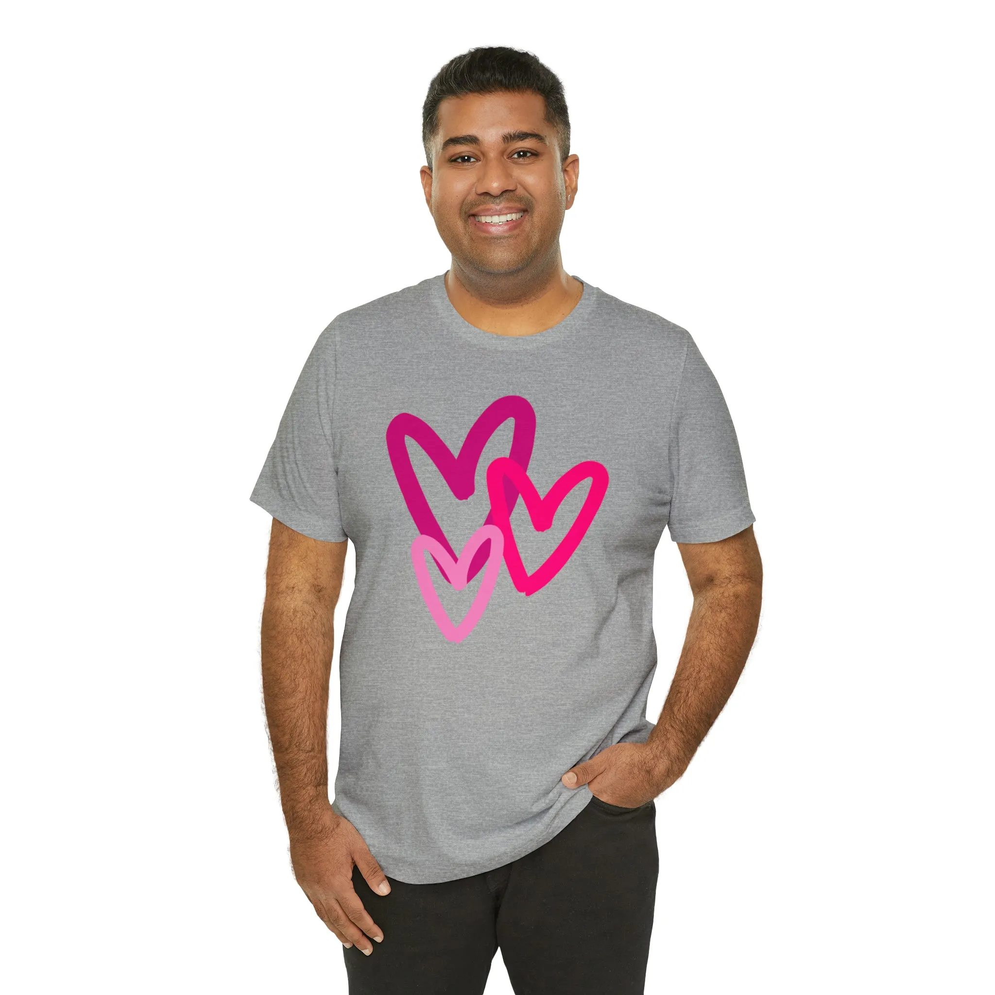 Pink Hearts Happy Valentine's Day T-Shirt | Sweetheart Tee |  Bella Canvas 3001 Unisex |  Three Love Hearts Short Sleeve Tshirt