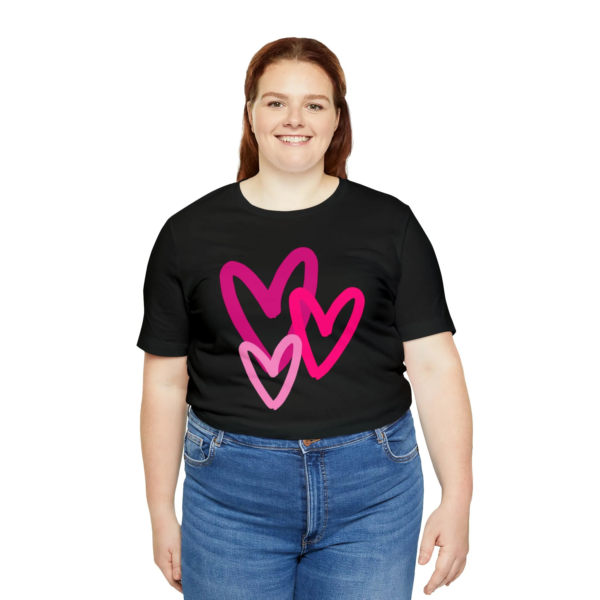 Pink Hearts Happy Valentine's Day T-Shirt | Sweetheart Tee |  Bella Canvas 3001 Unisex |  Three Love Hearts Short Sleeve Tshirt