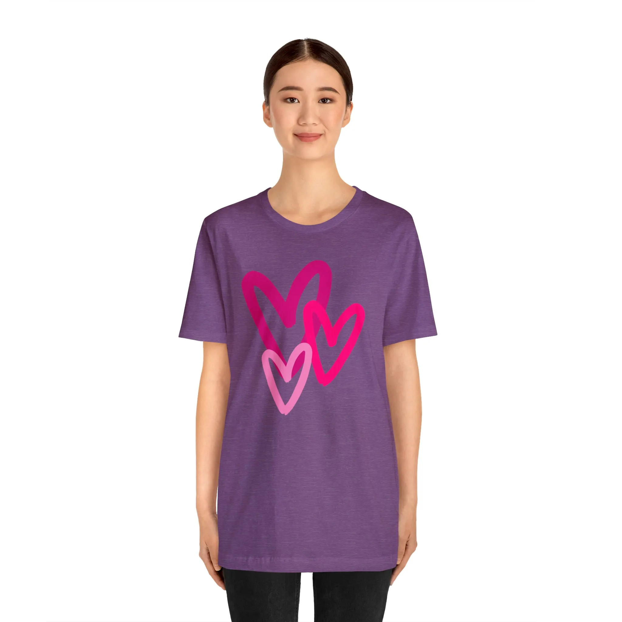 Pink Hearts Happy Valentine's Day T-Shirt | Sweetheart Tee |  Bella Canvas 3001 Unisex |  Three Love Hearts Short Sleeve Tshirt