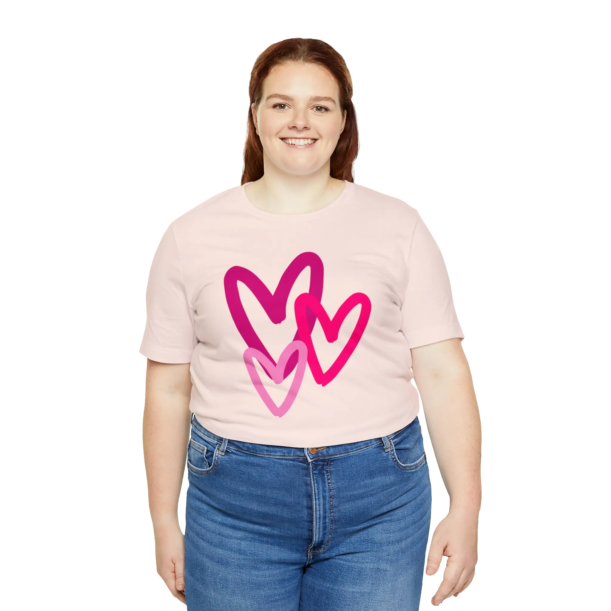 Pink Hearts Happy Valentine's Day T-Shirt | Sweetheart Tee |  Bella Canvas 3001 Unisex |  Three Love Hearts Short Sleeve Tshirt