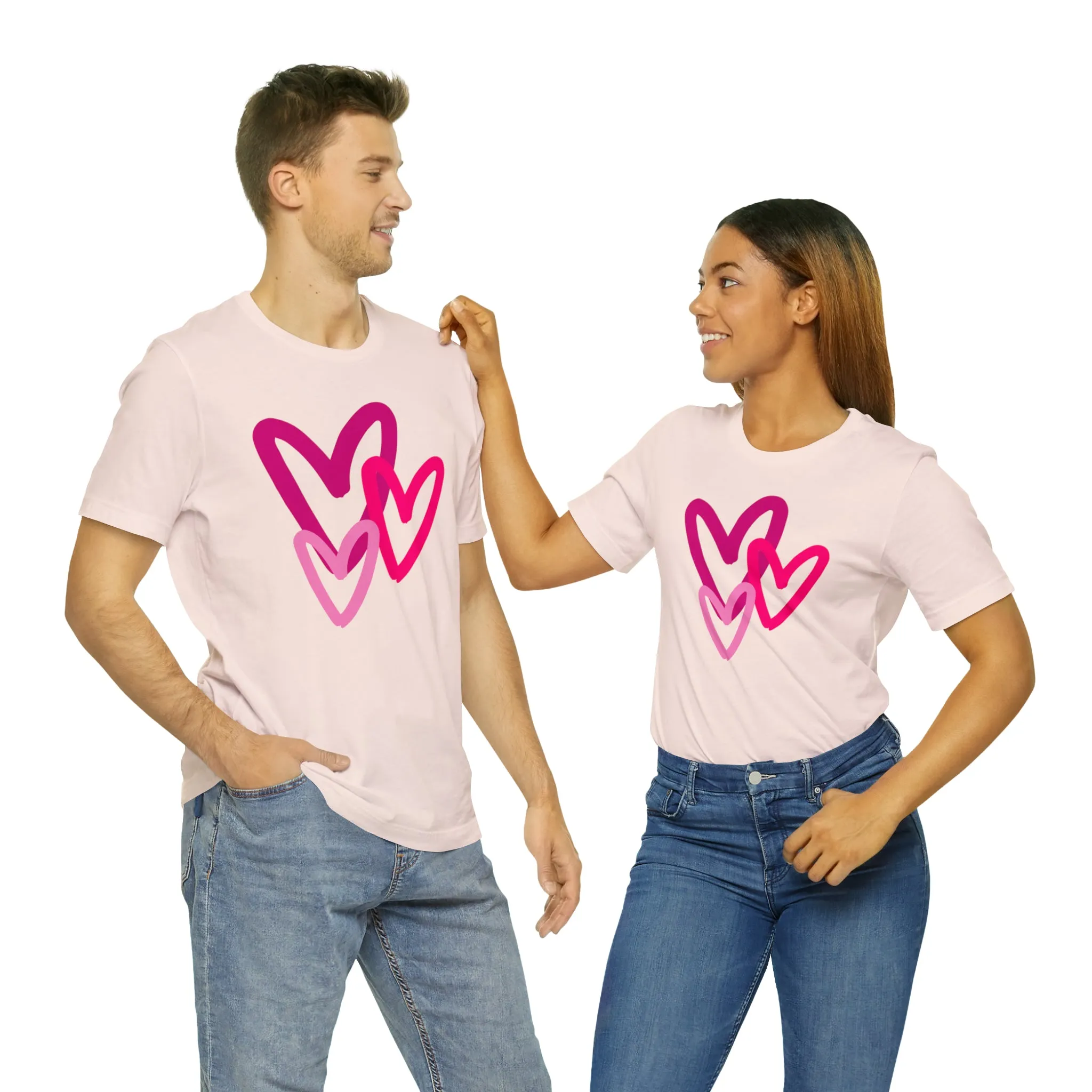 Pink Hearts Happy Valentine's Day T-Shirt | Sweetheart Tee |  Bella Canvas 3001 Unisex |  Three Love Hearts Short Sleeve Tshirt
