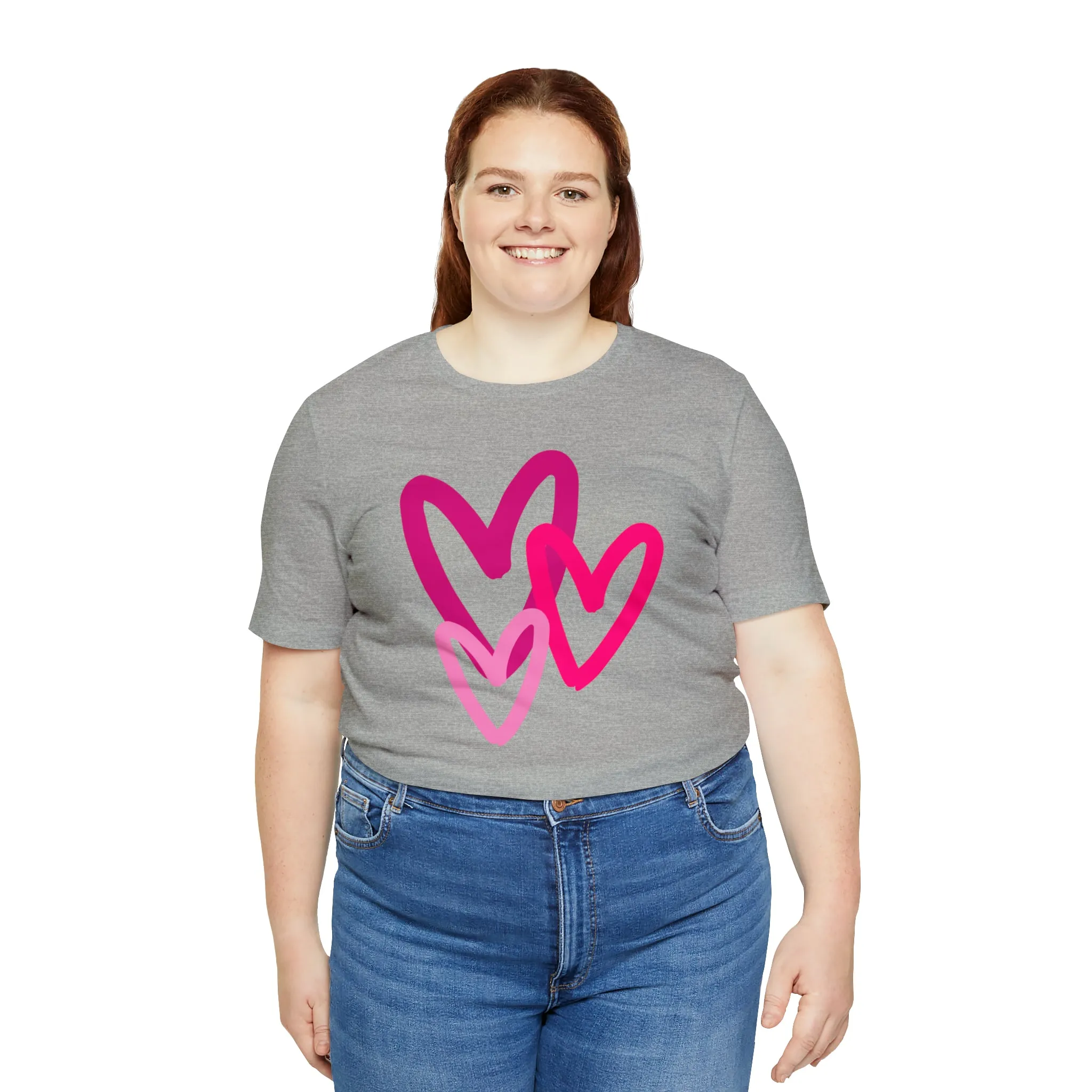 Pink Hearts Happy Valentine's Day T-Shirt | Sweetheart Tee |  Bella Canvas 3001 Unisex |  Three Love Hearts Short Sleeve Tshirt