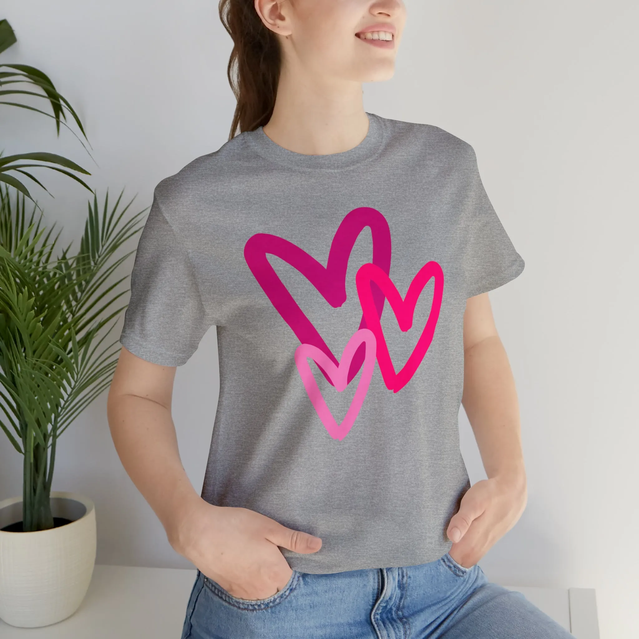 Pink Hearts Happy Valentine's Day T-Shirt | Sweetheart Tee |  Bella Canvas 3001 Unisex |  Three Love Hearts Short Sleeve Tshirt