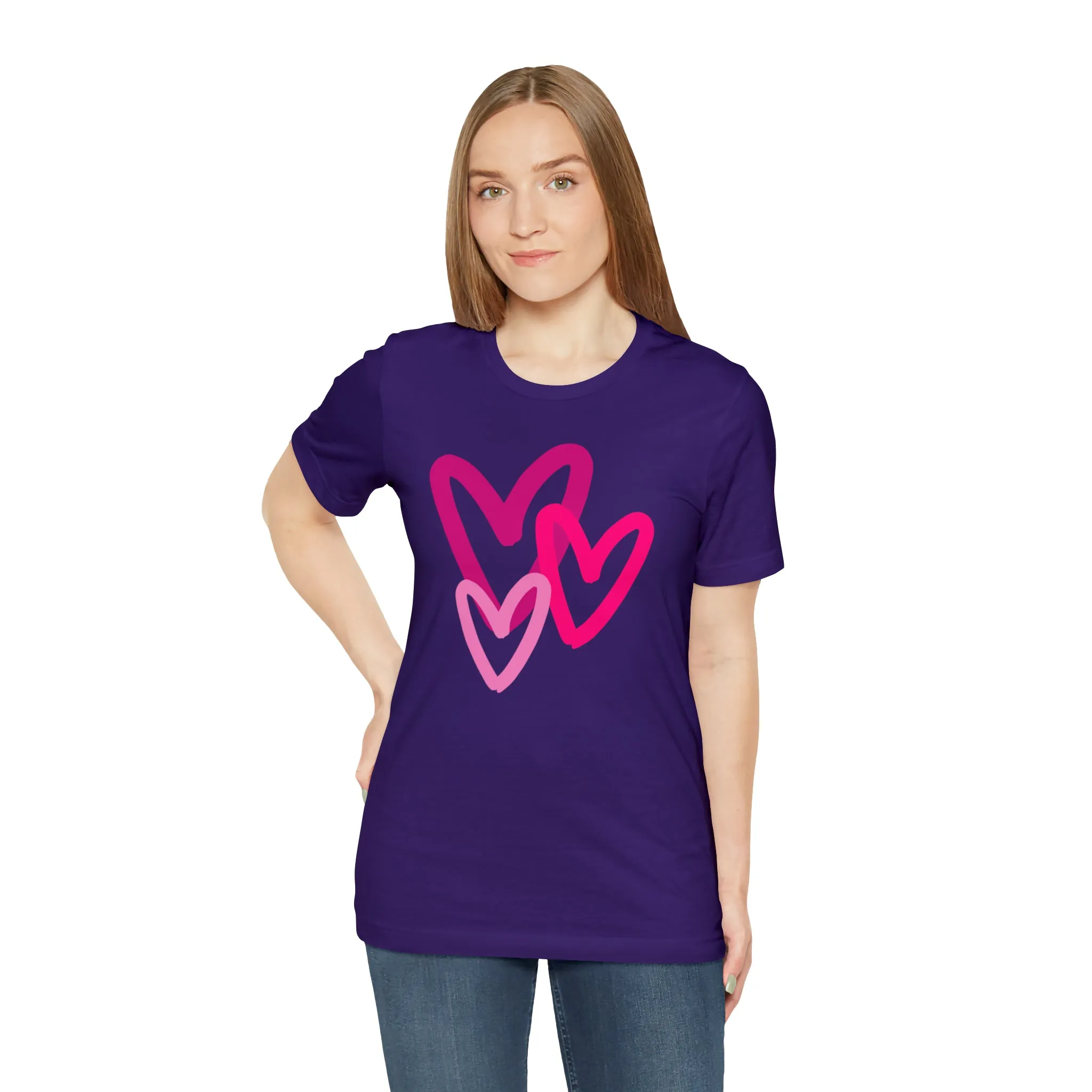 Pink Hearts Happy Valentine's Day T-Shirt | Sweetheart Tee |  Bella Canvas 3001 Unisex |  Three Love Hearts Short Sleeve Tshirt