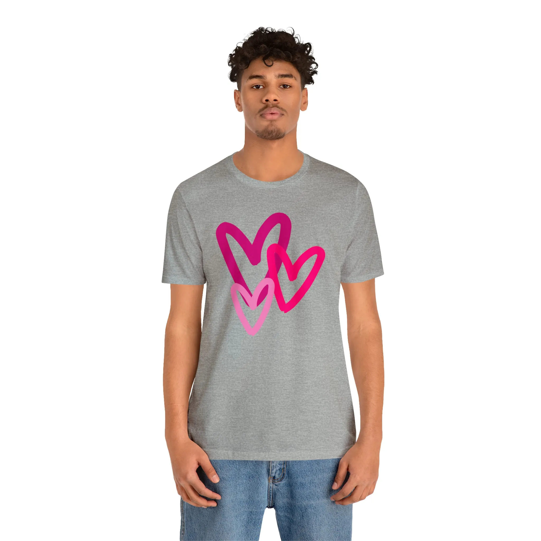 Pink Hearts Happy Valentine's Day T-Shirt | Sweetheart Tee |  Bella Canvas 3001 Unisex |  Three Love Hearts Short Sleeve Tshirt