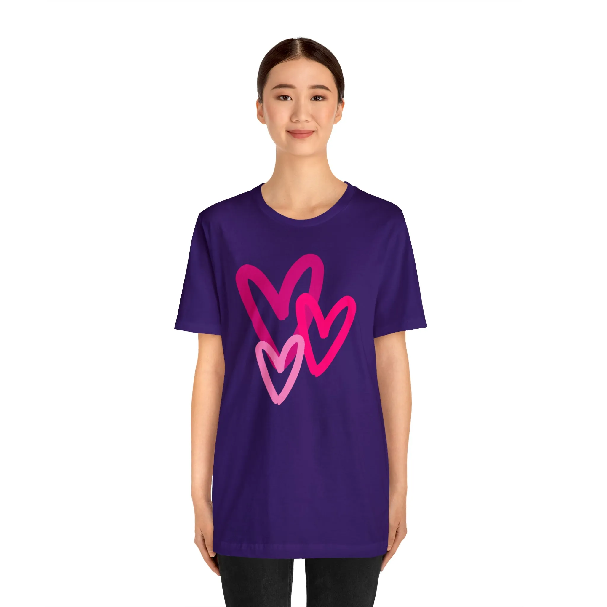 Pink Hearts Happy Valentine's Day T-Shirt | Sweetheart Tee |  Bella Canvas 3001 Unisex |  Three Love Hearts Short Sleeve Tshirt