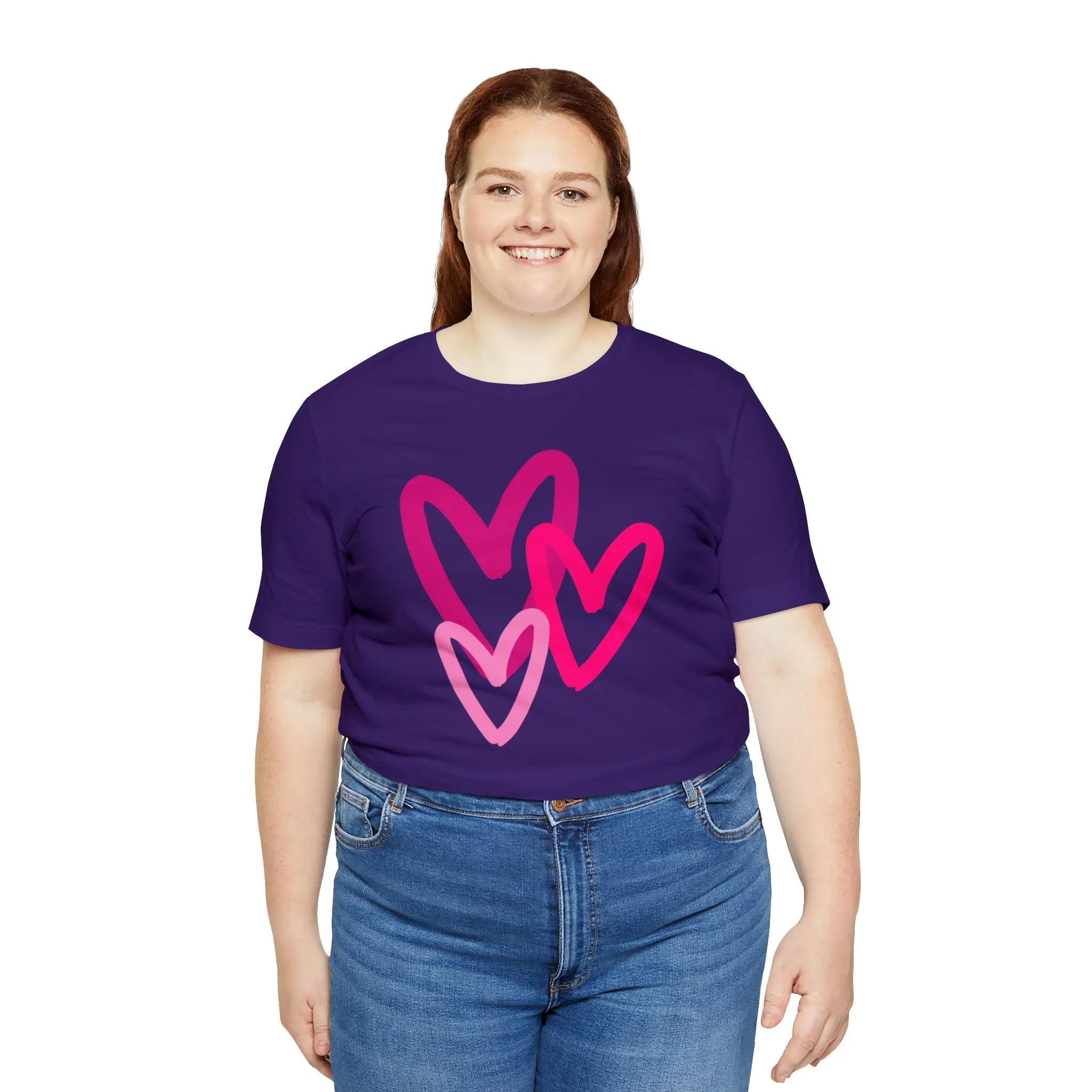 Pink Hearts Happy Valentine's Day T-Shirt | Sweetheart Tee |  Bella Canvas 3001 Unisex |  Three Love Hearts Short Sleeve Tshirt