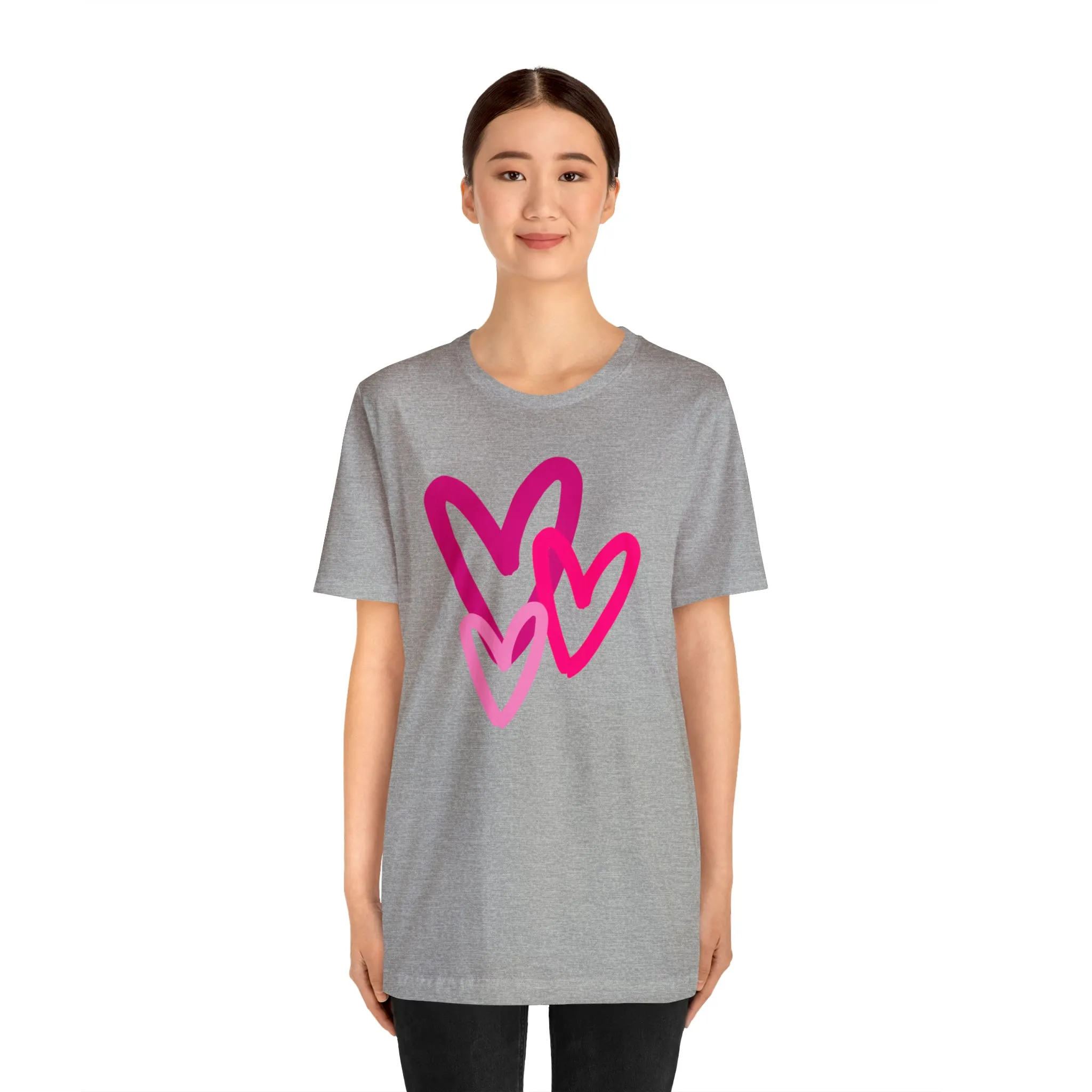 Pink Hearts Happy Valentine's Day T-Shirt | Sweetheart Tee |  Bella Canvas 3001 Unisex |  Three Love Hearts Short Sleeve Tshirt