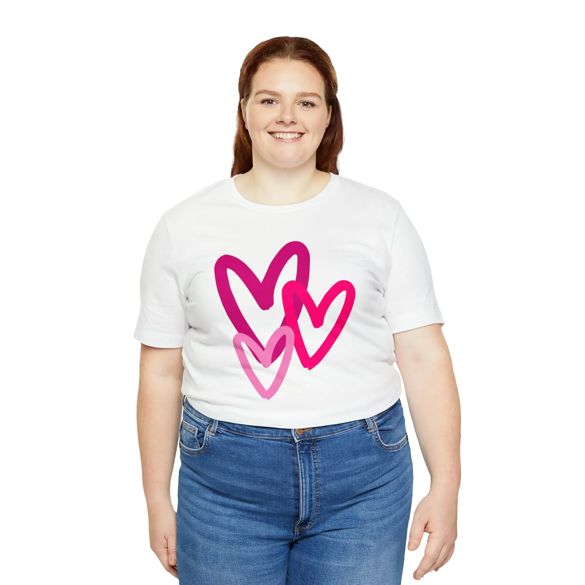 Pink Hearts Happy Valentine's Day T-Shirt | Sweetheart Tee |  Bella Canvas 3001 Unisex |  Three Love Hearts Short Sleeve Tshirt