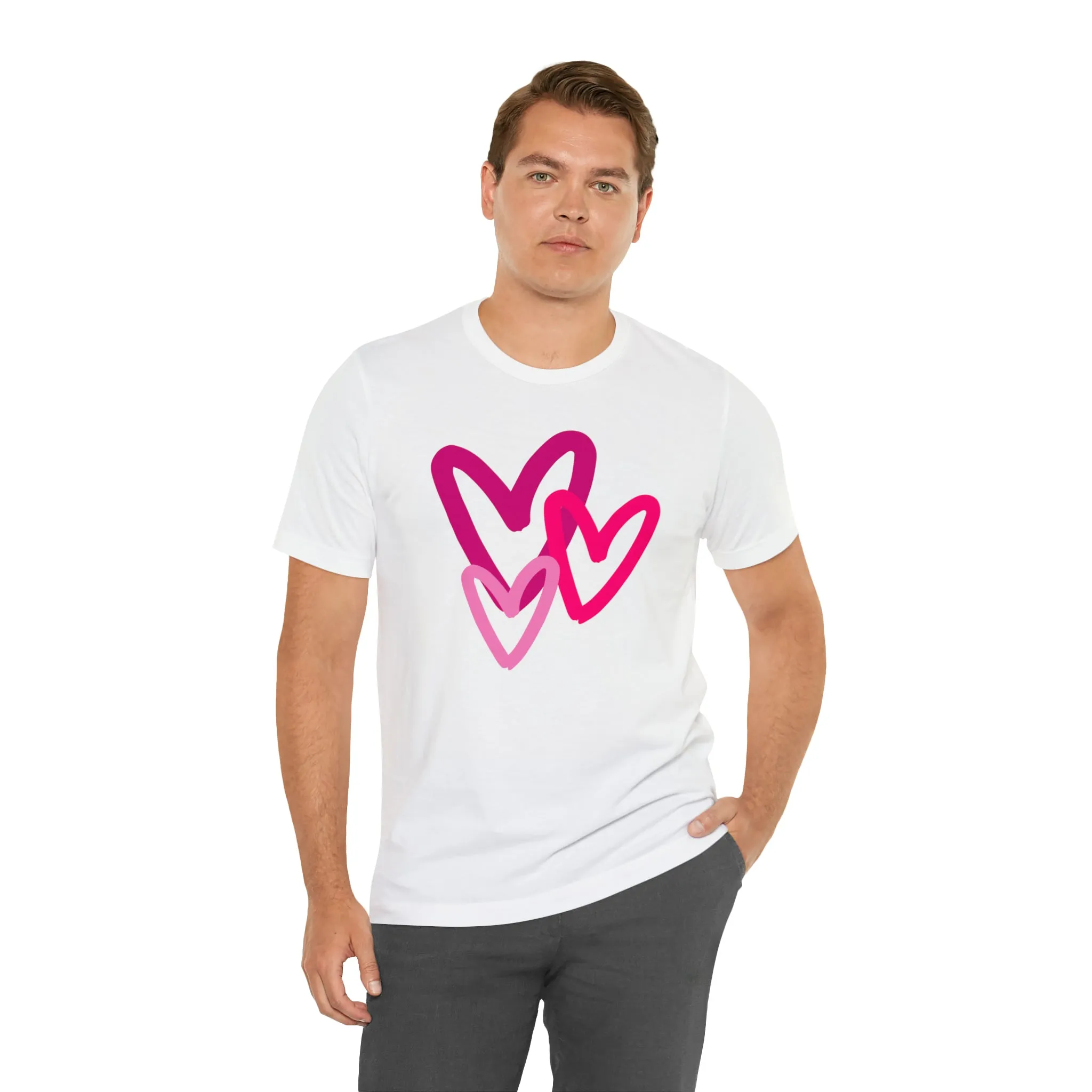 Pink Hearts Happy Valentine's Day T-Shirt | Sweetheart Tee |  Bella Canvas 3001 Unisex |  Three Love Hearts Short Sleeve Tshirt