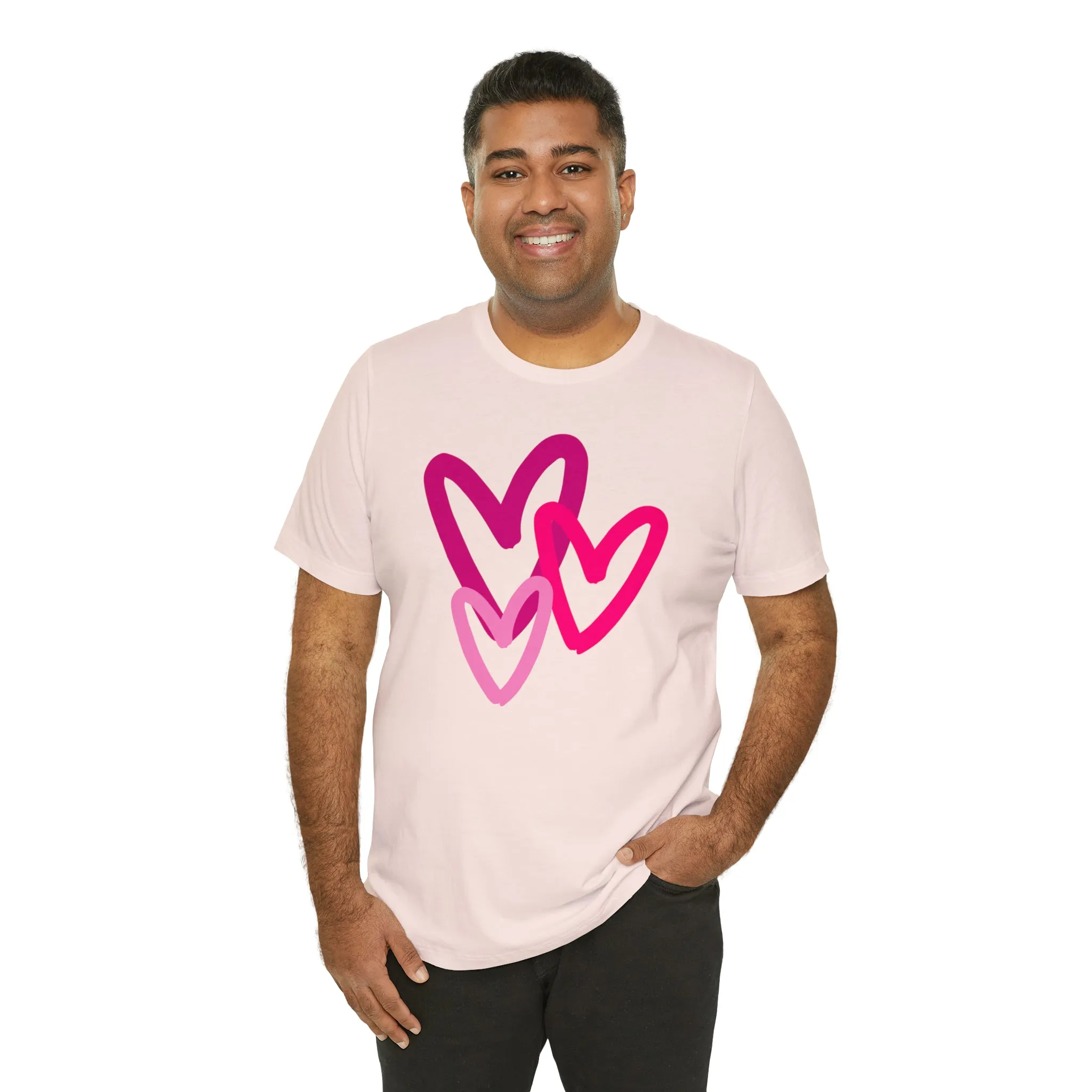 Pink Hearts Happy Valentine's Day T-Shirt | Sweetheart Tee |  Bella Canvas 3001 Unisex |  Three Love Hearts Short Sleeve Tshirt