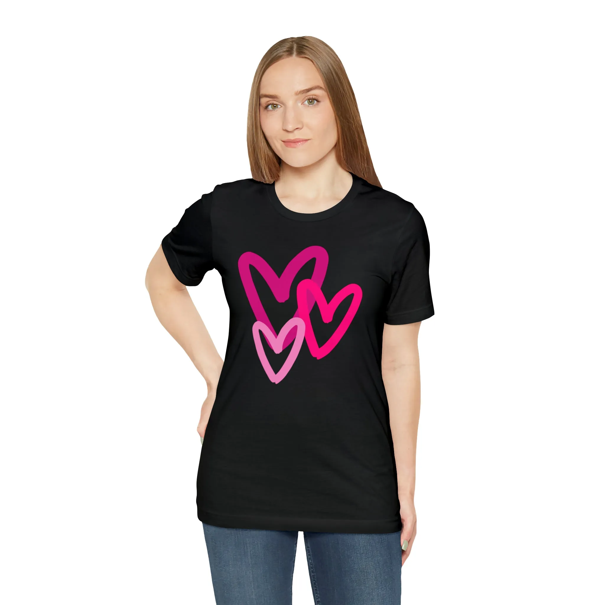 Pink Hearts Happy Valentine's Day T-Shirt | Sweetheart Tee |  Bella Canvas 3001 Unisex |  Three Love Hearts Short Sleeve Tshirt