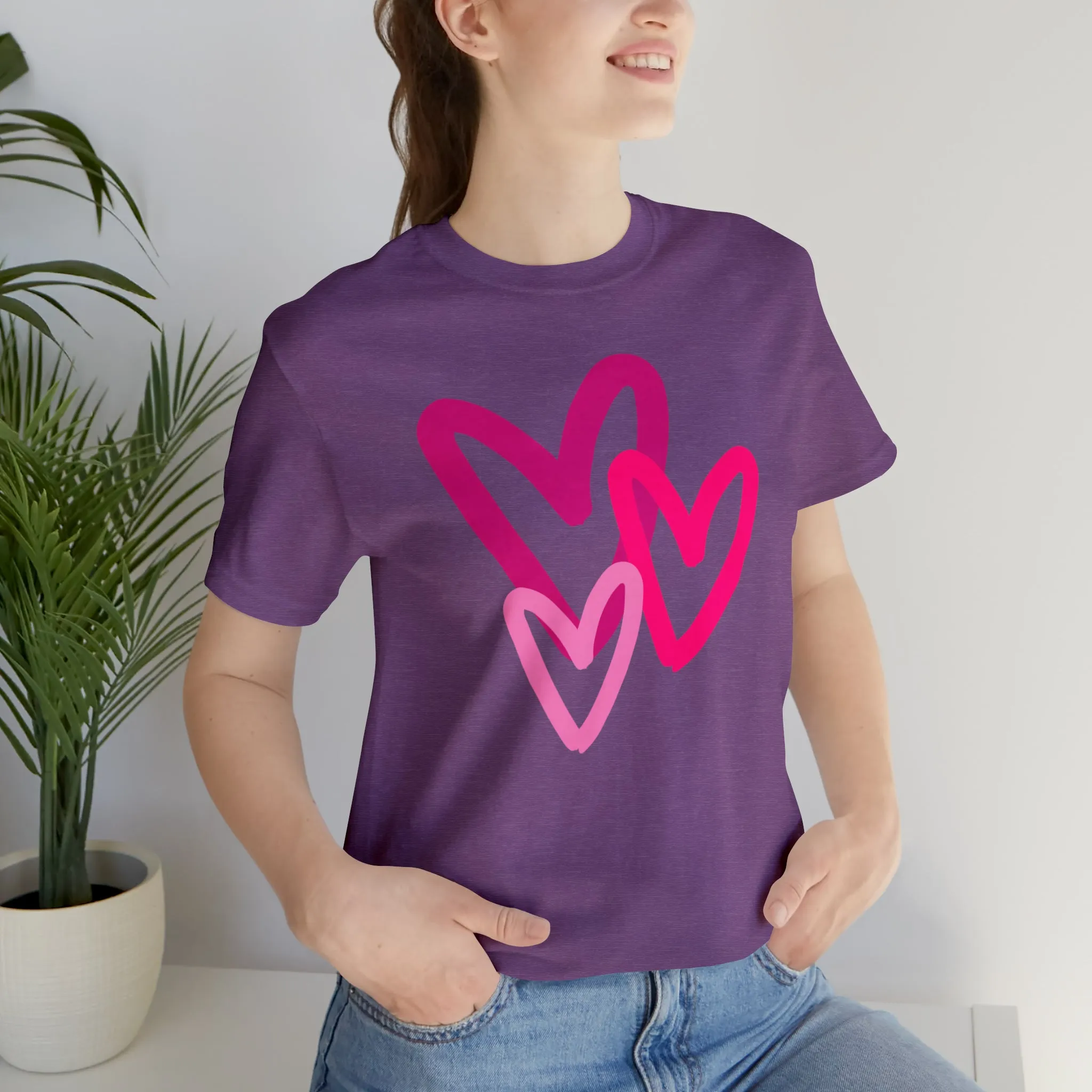 Pink Hearts Happy Valentine's Day T-Shirt | Sweetheart Tee |  Bella Canvas 3001 Unisex |  Three Love Hearts Short Sleeve Tshirt