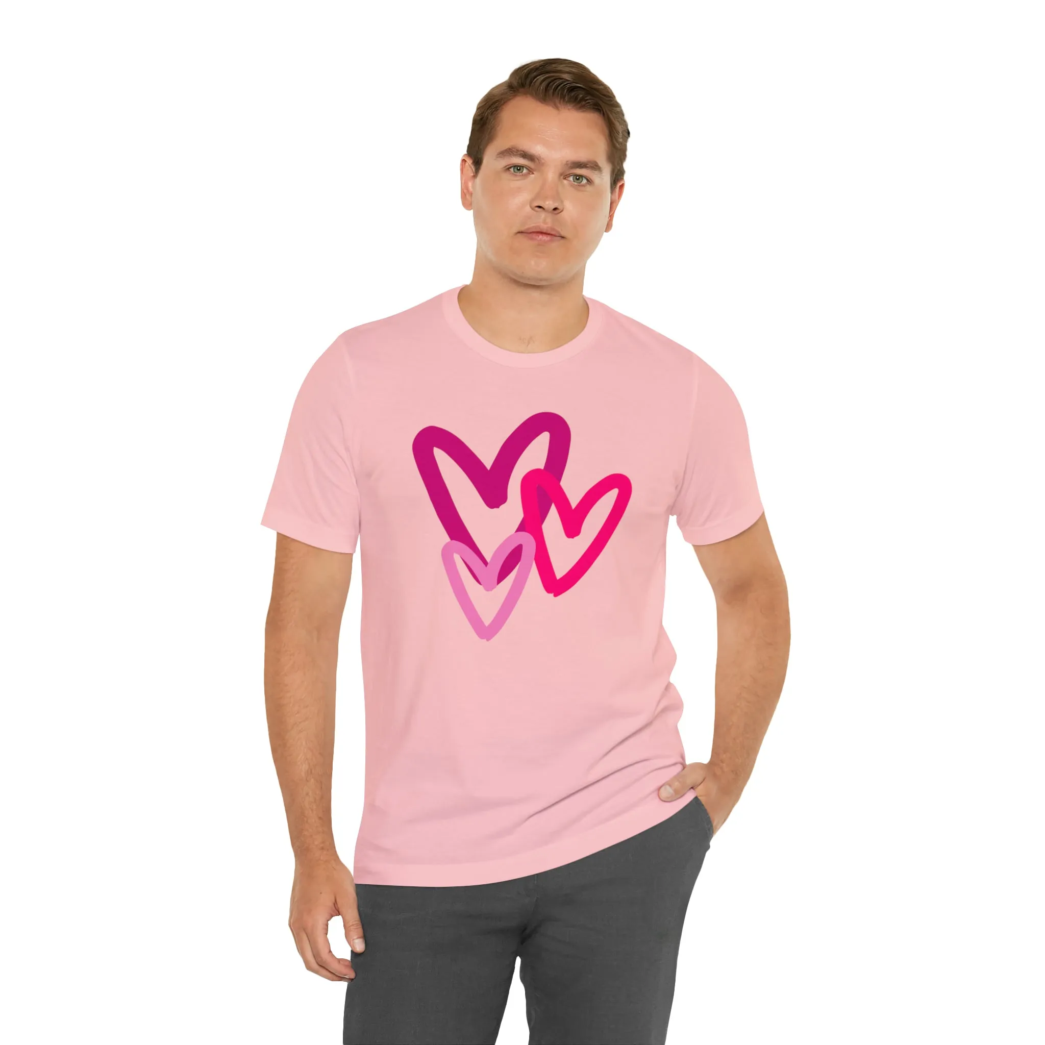 Pink Hearts Happy Valentine's Day T-Shirt | Sweetheart Tee |  Bella Canvas 3001 Unisex |  Three Love Hearts Short Sleeve Tshirt