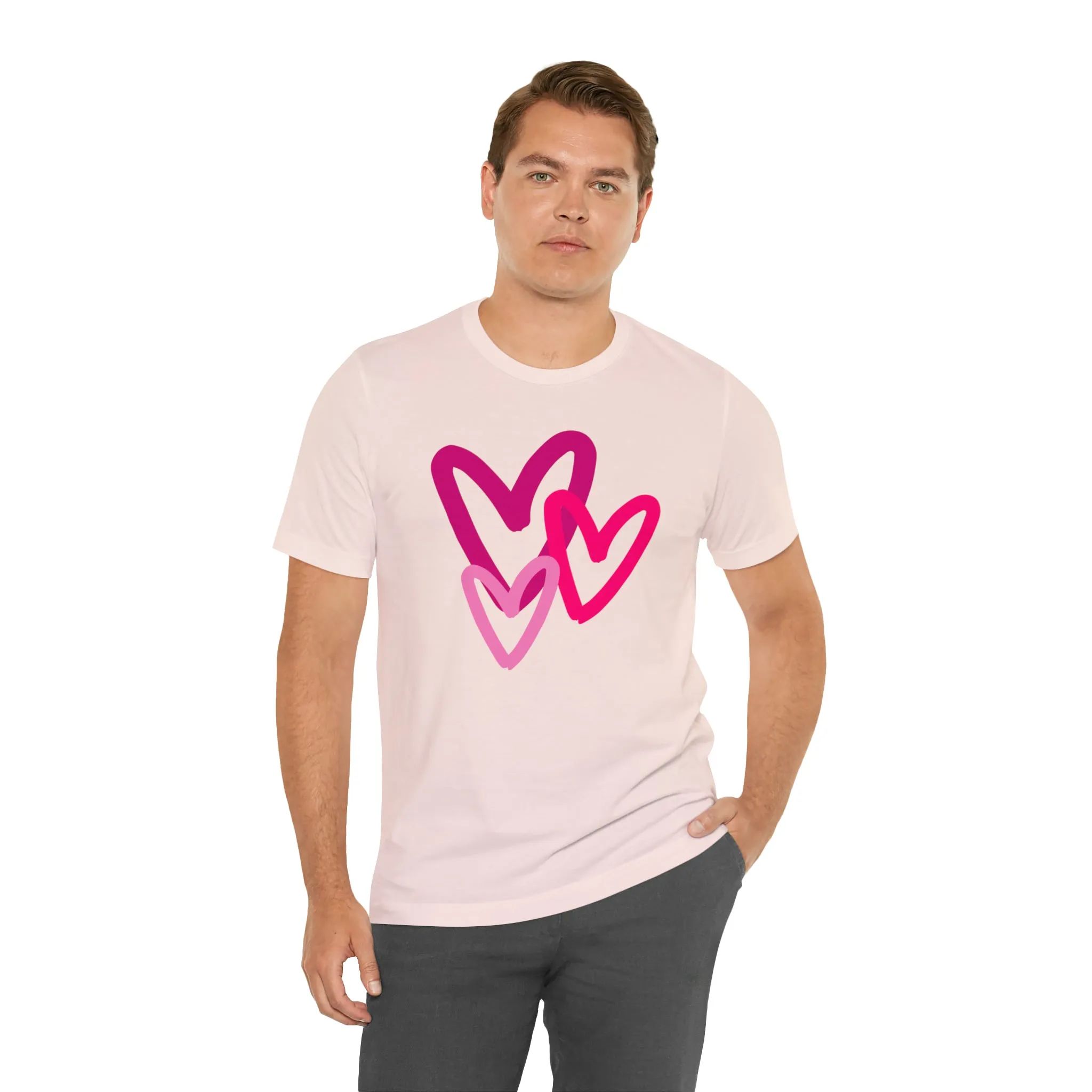 Pink Hearts Happy Valentine's Day T-Shirt | Sweetheart Tee |  Bella Canvas 3001 Unisex |  Three Love Hearts Short Sleeve Tshirt