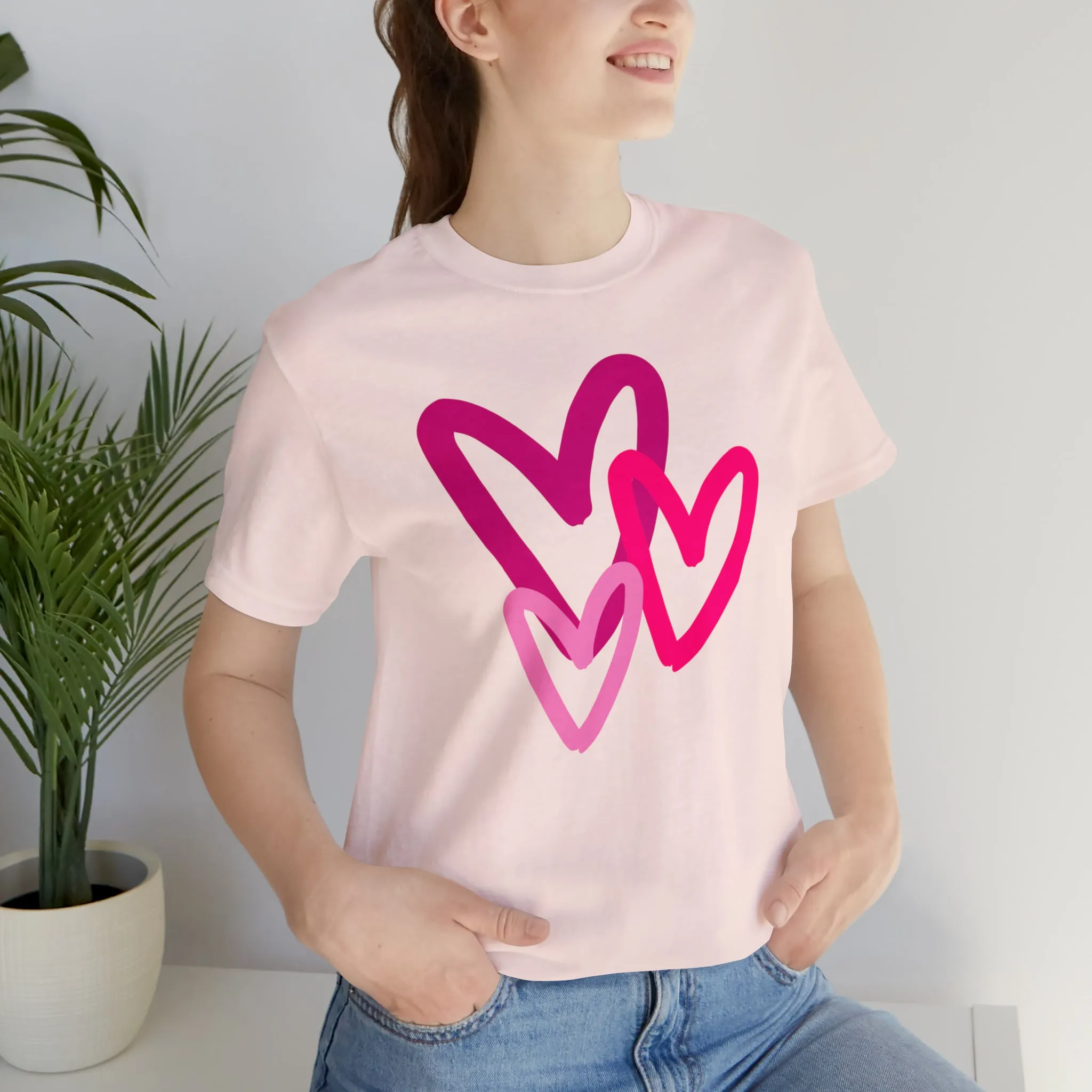 Pink Hearts Happy Valentine's Day T-Shirt | Sweetheart Tee |  Bella Canvas 3001 Unisex |  Three Love Hearts Short Sleeve Tshirt