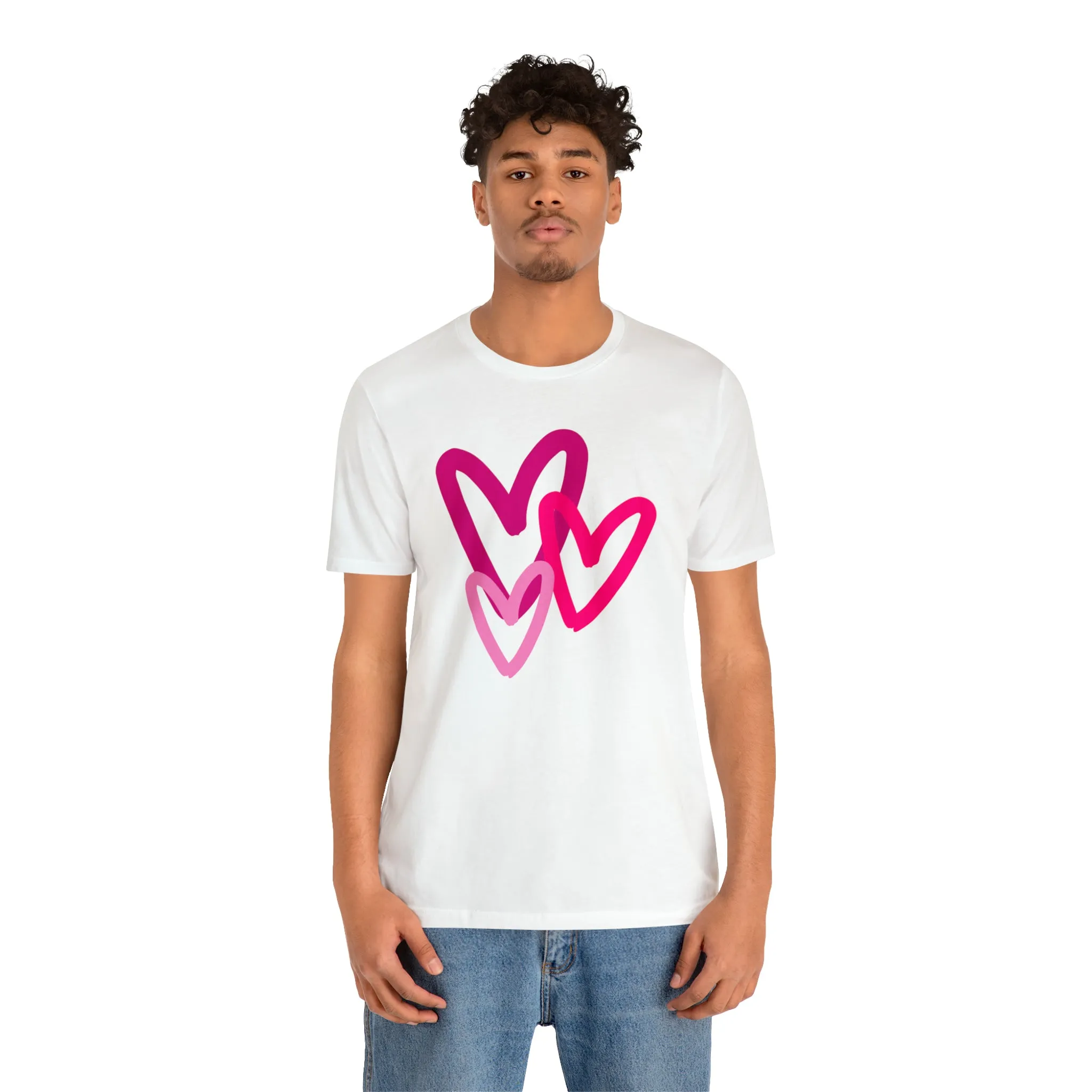 Pink Hearts Happy Valentine's Day T-Shirt | Sweetheart Tee |  Bella Canvas 3001 Unisex |  Three Love Hearts Short Sleeve Tshirt