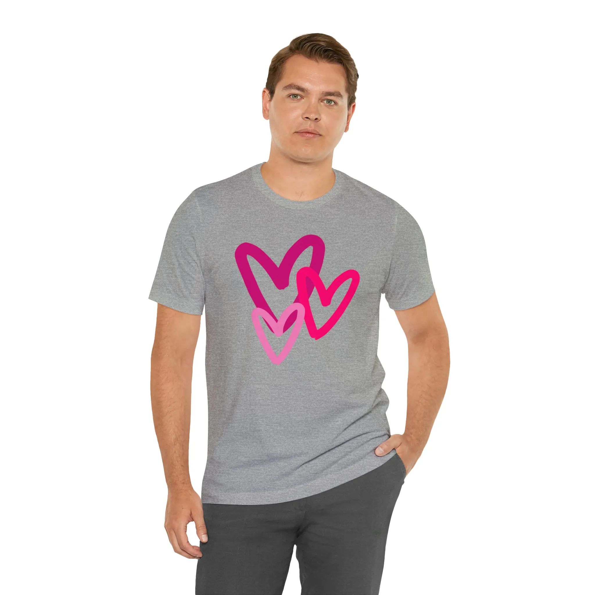 Pink Hearts Happy Valentine's Day T-Shirt | Sweetheart Tee |  Bella Canvas 3001 Unisex |  Three Love Hearts Short Sleeve Tshirt