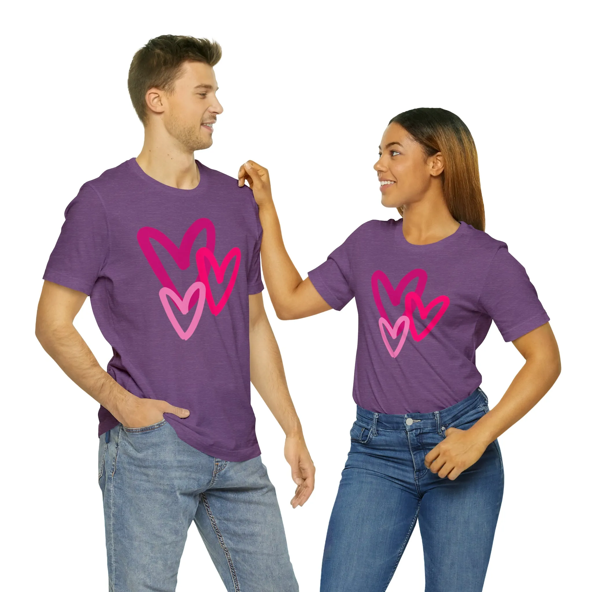 Pink Hearts Happy Valentine's Day T-Shirt | Sweetheart Tee |  Bella Canvas 3001 Unisex |  Three Love Hearts Short Sleeve Tshirt