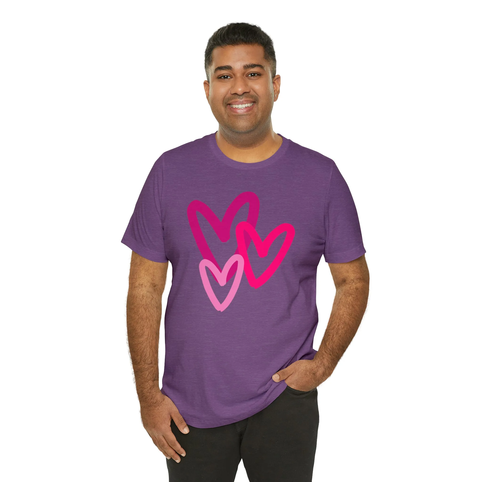 Pink Hearts Happy Valentine's Day T-Shirt | Sweetheart Tee |  Bella Canvas 3001 Unisex |  Three Love Hearts Short Sleeve Tshirt
