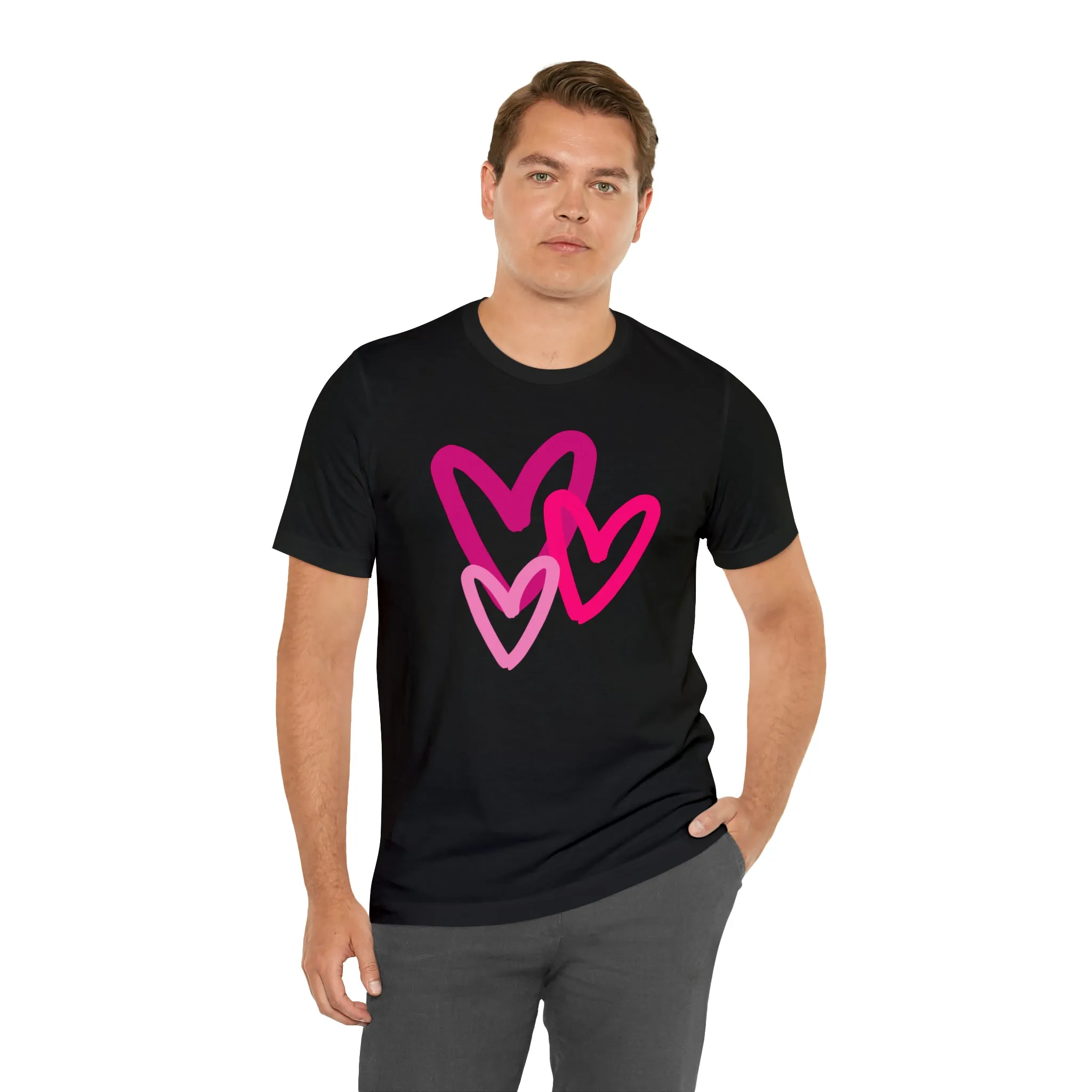 Pink Hearts Happy Valentine's Day T-Shirt | Sweetheart Tee |  Bella Canvas 3001 Unisex |  Three Love Hearts Short Sleeve Tshirt