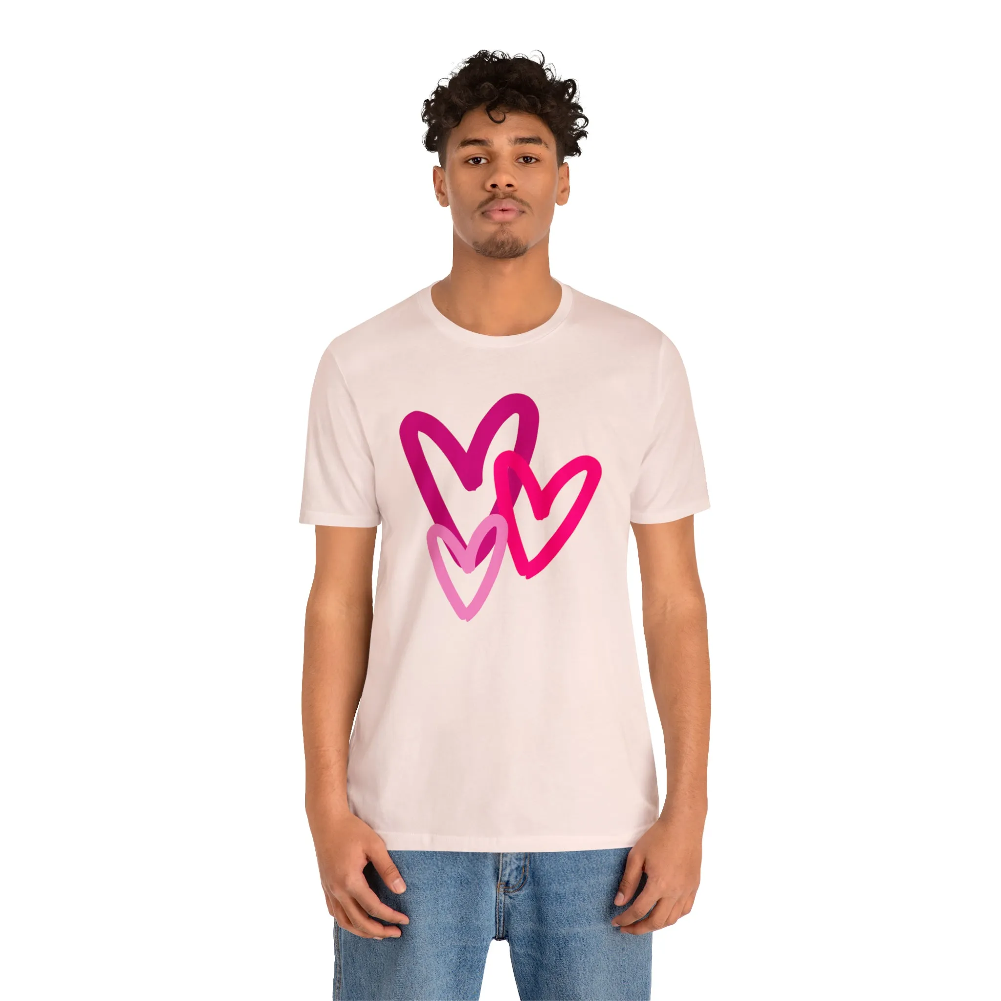 Pink Hearts Happy Valentine's Day T-Shirt | Sweetheart Tee |  Bella Canvas 3001 Unisex |  Three Love Hearts Short Sleeve Tshirt