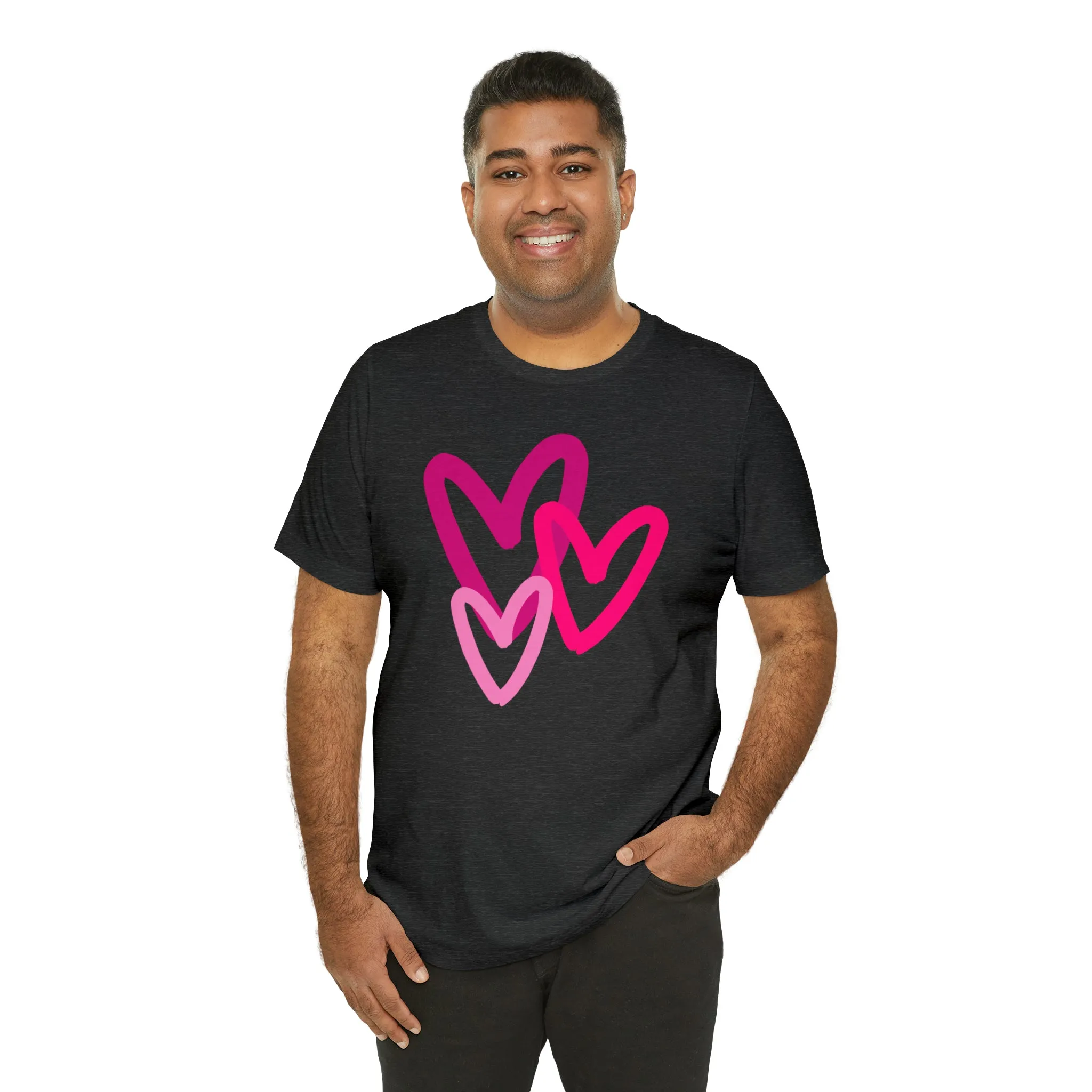 Pink Hearts Happy Valentine's Day T-Shirt | Sweetheart Tee |  Bella Canvas 3001 Unisex |  Three Love Hearts Short Sleeve Tshirt