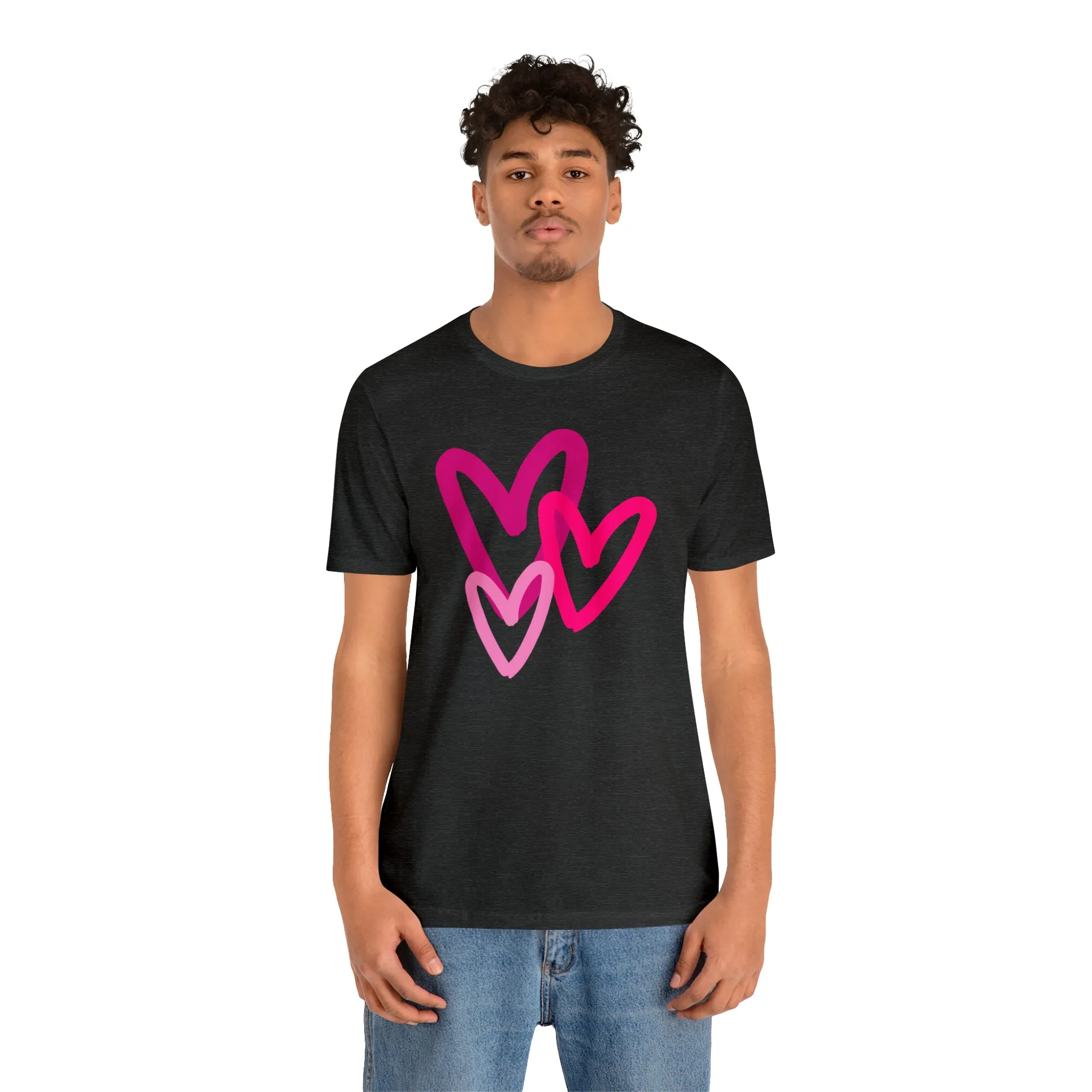 Pink Hearts Happy Valentine's Day T-Shirt | Sweetheart Tee |  Bella Canvas 3001 Unisex |  Three Love Hearts Short Sleeve Tshirt